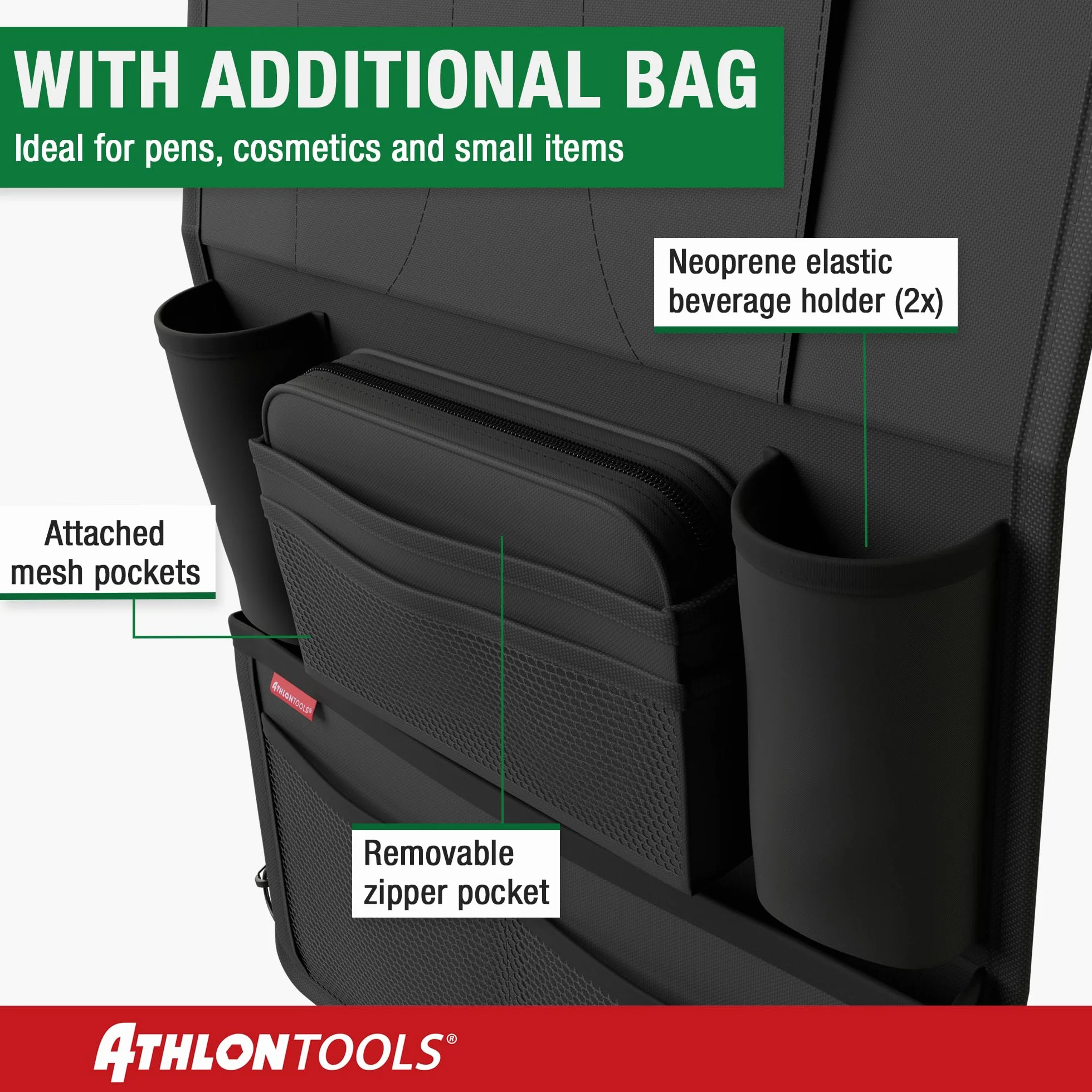 ATHLON TOOLS Najstabilniejszy organizer na fotel samochodowy z uchwytem na tablet, wzmocniony tył, bezpieczny dla żywności, z dodatkowym piórnikiem, biznesowy / dla dzieci, zaprojektowany w Hamburgu