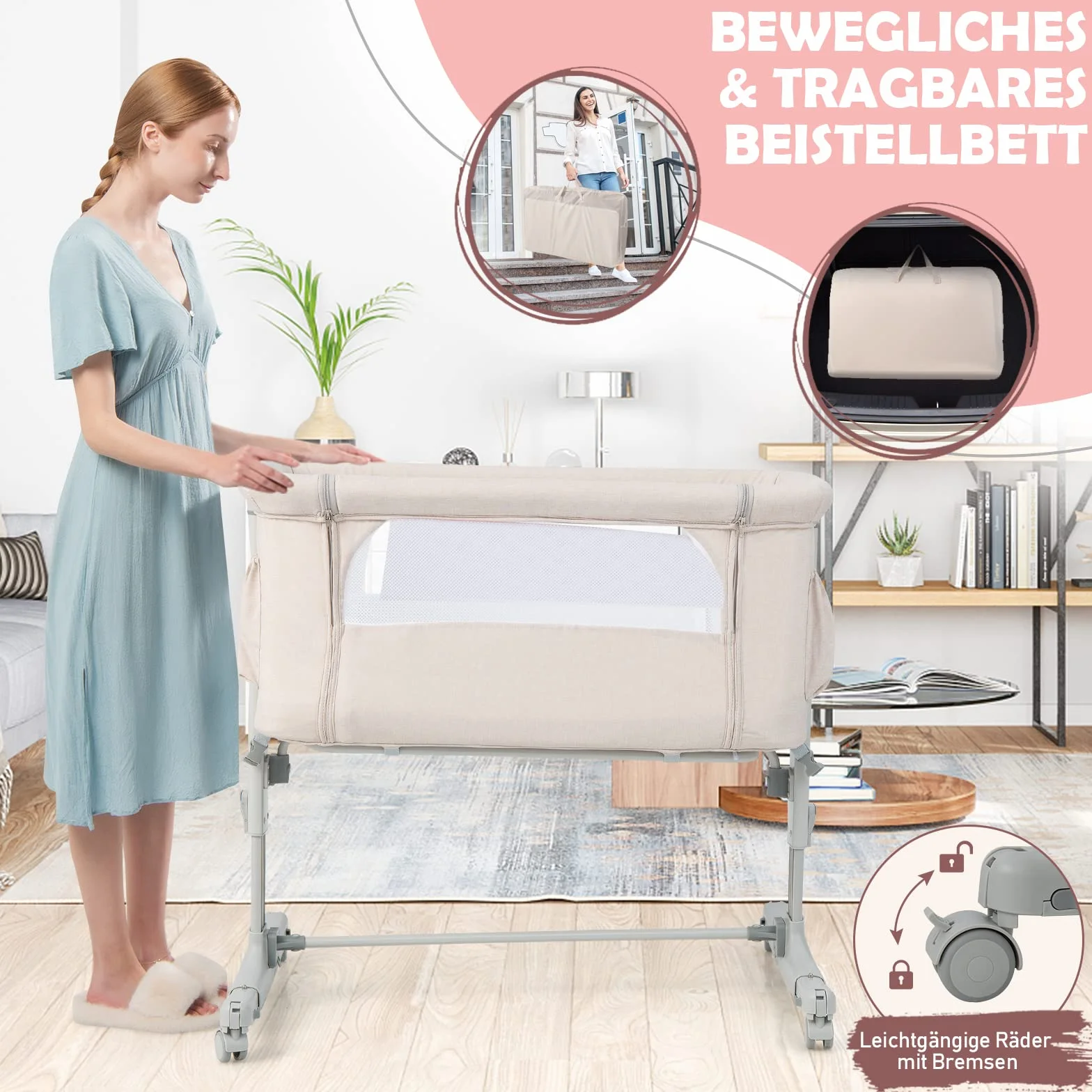 COSTWAY Łóżeczko dziecięce 3 w 1: dostawka & kołyska dla niemowląt & łóżko podróżne, 5-stopniowa regulacja wysokości łóżeczko niemowlęce, z możliwością pochylania, łóżeczko dziecięce z materacem