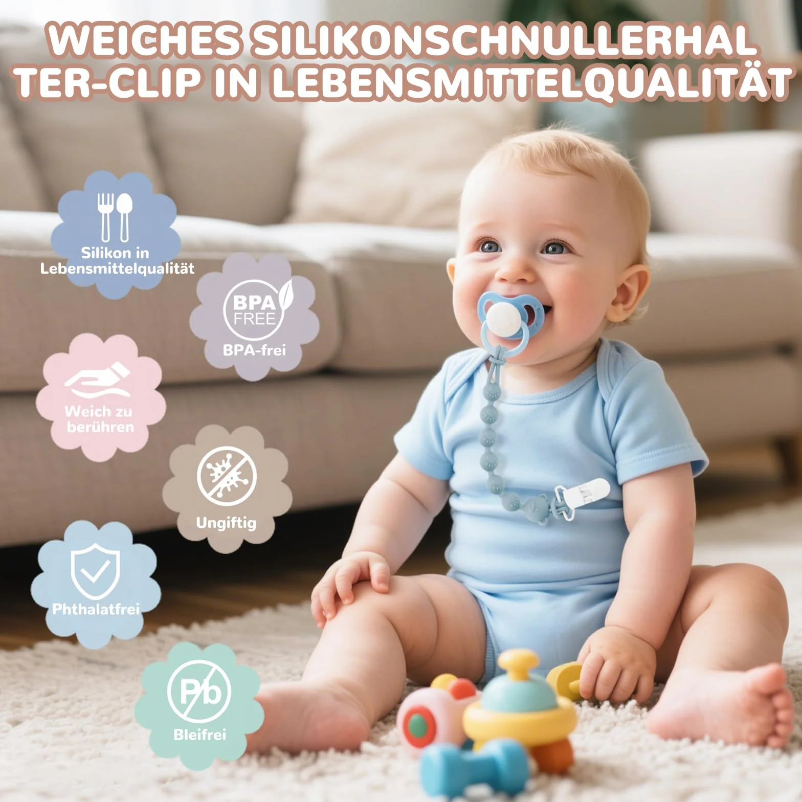 Zestaw 4 silikonowych łańcuszków na smoczek dla niemowląt z klipsem zabezpieczającym