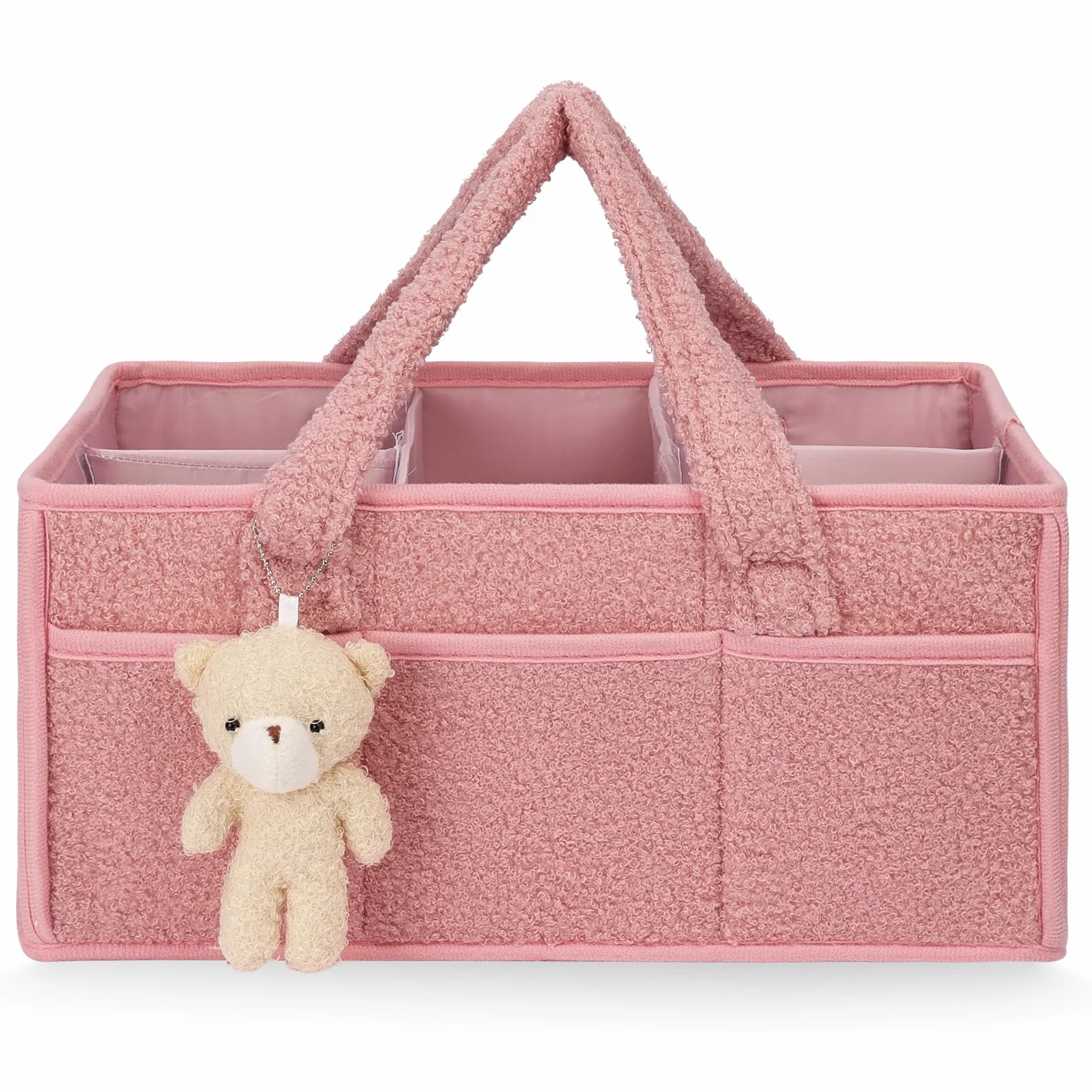 Organizer na pieluchy dla niemowląt, przenośny organizer na pieluchy, pluszowy organizer na pieluchy, z przegródkami i uchwytami, pluszowy organizer na pieluchy, duży z misiem, różowy