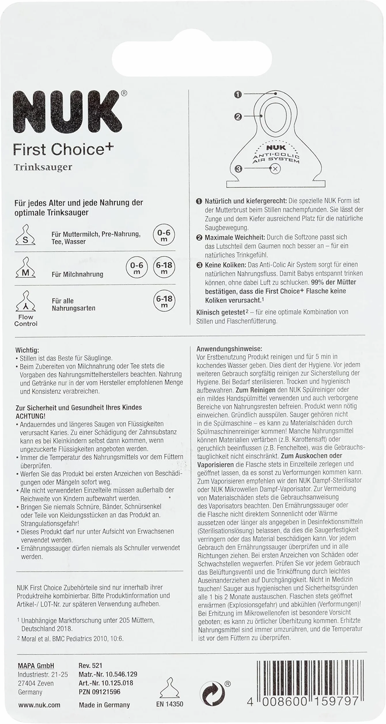 NUK First Choice+ antykoliczny silikonowy smoczek do picia, odpowiedni do sosny, kształt NUK, rozmiar 2 (6-18 miesięcy), M do mleka, 2 sztuki