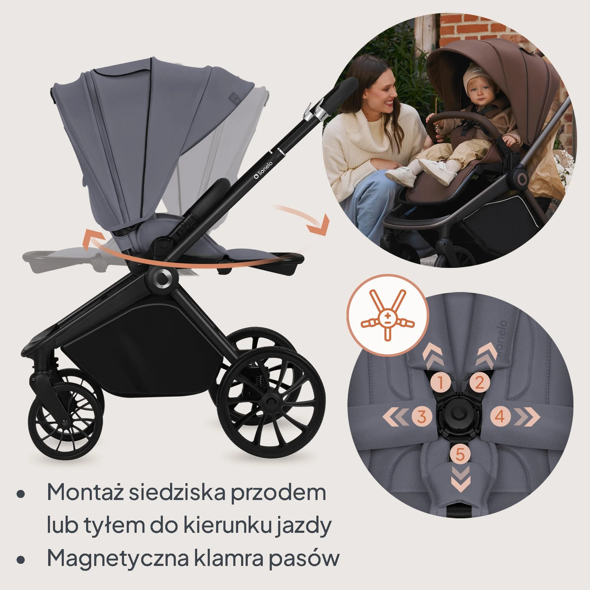 LIONELO MIKA PLUS 3 w 1 Wózek Spacerowy Dziecięcy 0-48 miesięcy do 22 kg Gondola do 9 kg Fotelik Samochodowy Nosidło do 13 kg, Regulacja Oparcia, Amortyzacja, Koła 360° Budka XXL (Szary)