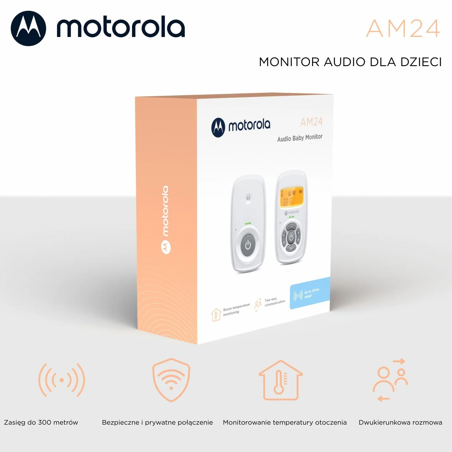 Motorola Nursery AM24 Elektroniczna niania, dwukierunkowa rozmowa, mikrofon o wysokiej czułości, wyświetlacz LCD, technologia DECT, zasięg do 300 metrów, regulacja głośności, alarm baterii