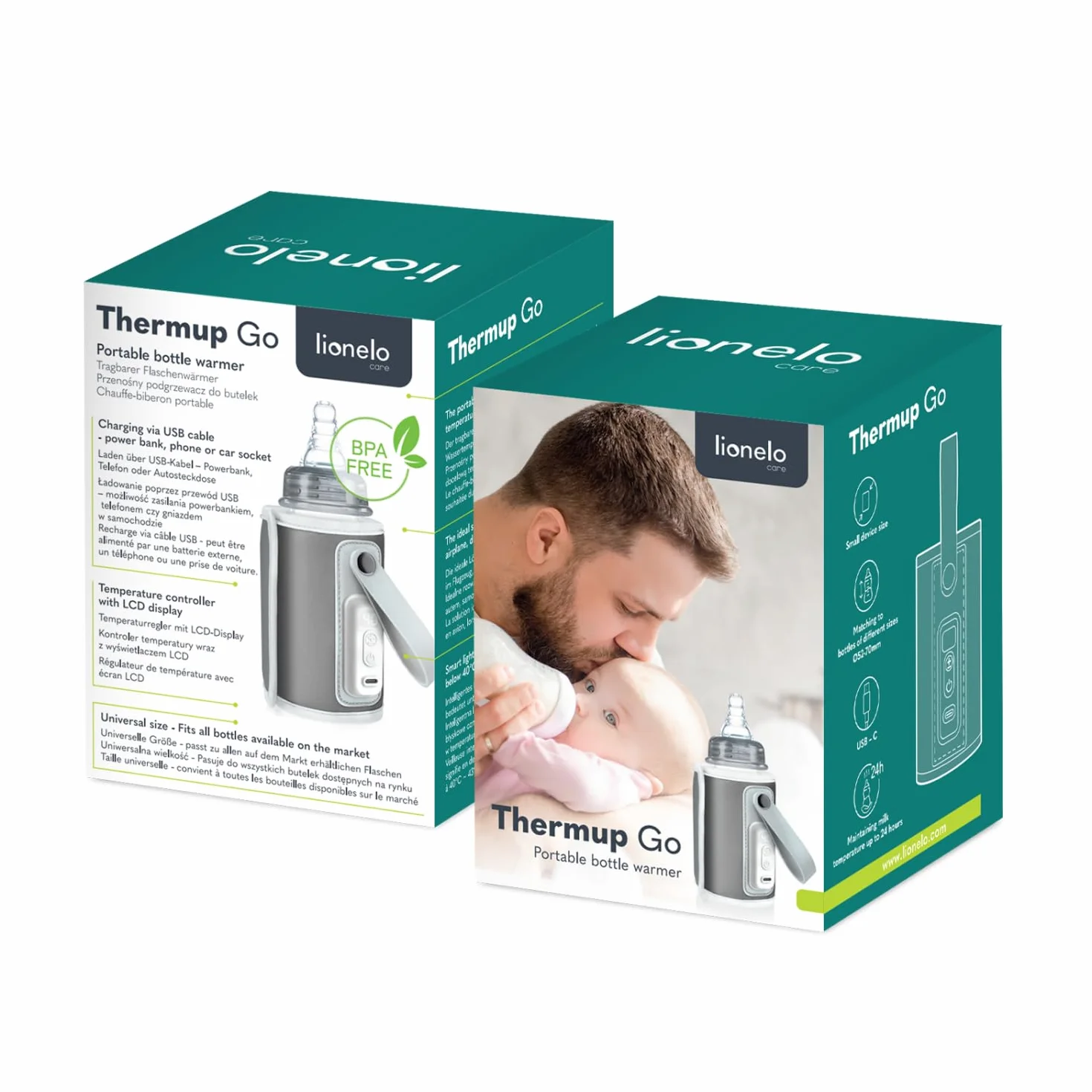 LIONELO Thermup Go Przenośny Ogrzewacz do Butelek, Utrzymuje Ciepło 24 h, 5 Temperatur, Ładowanie USB, BPA Free