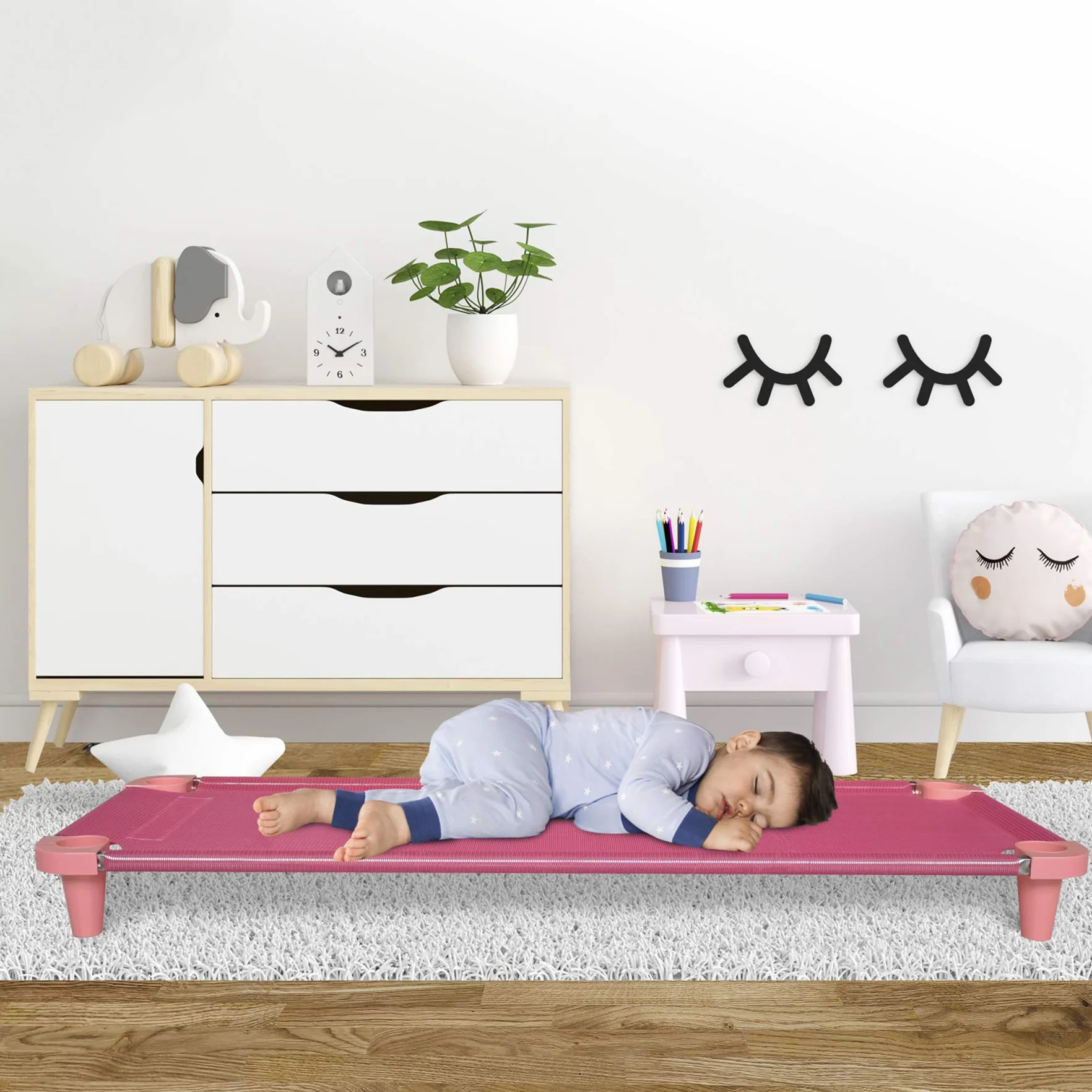Acrimet Łóżeczko dziecięce do drzemki, przenośne łóżko dla malucha, można układać w stos, 133 x 54 cm (rury ze stali nierdzewnej) (różowa, oddychająca tkanina siatkowa - różowe nóżki) (1 opakowanie)