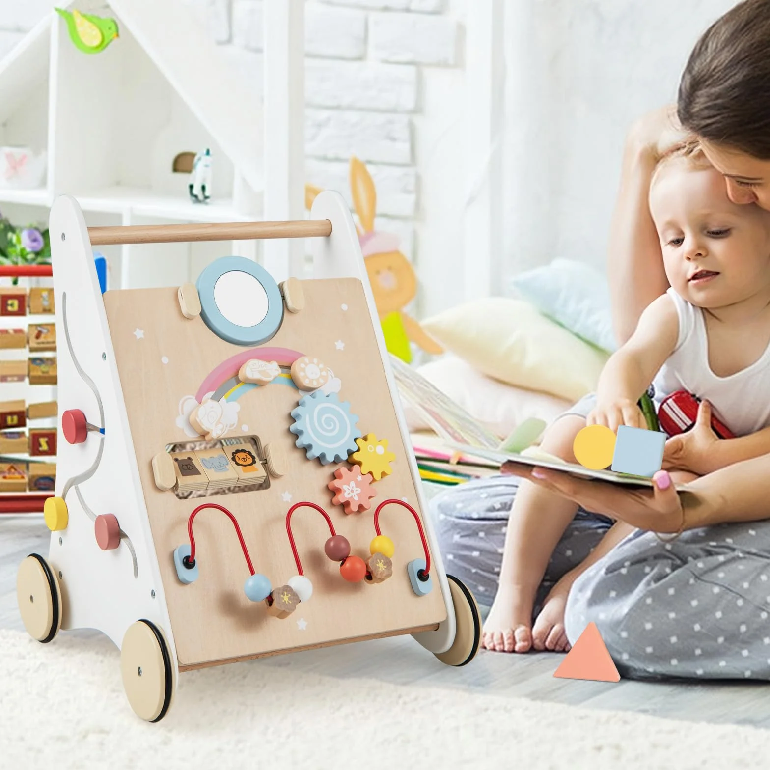 COSTWAY Drewniane chodziki 7 w 1, wózek do nauki chodzenia z planszą do gry, lustrem i klockami, wózek do pchania z pudełkiem do przechowywania, pomoc dla dzieci od 1 roku życia (biały + naturalny)