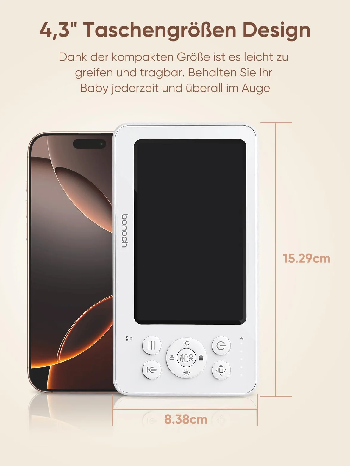 bonoch Elektroniczna niania 4,3" z kamerą, akumulator 720p 4000 mAh, wideo, bez Wi-Fi, noktowizor, obustronna funkcja audio, tryb VOX, czujnik temperatury, 8 kołysanek, 2 x, 3 x, 4 x zoom