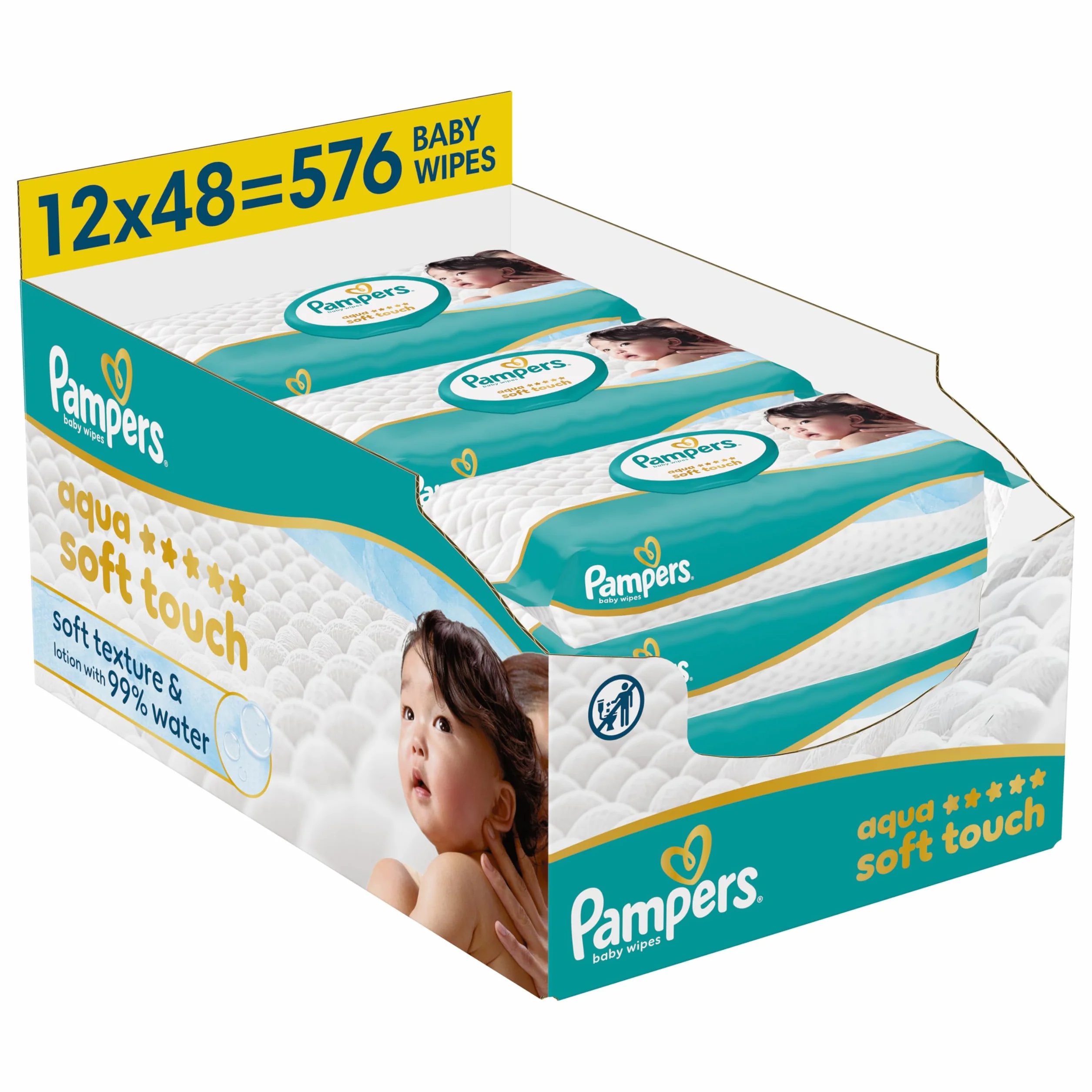 Pampers Aqua Soft Touch Chusteczki Nawilżane Dla Dzieci, 12 Opakowania po 48 Chusteczek = 576 szt., Miękka Faktura i Balsam Składający Się W 99% Z Wody