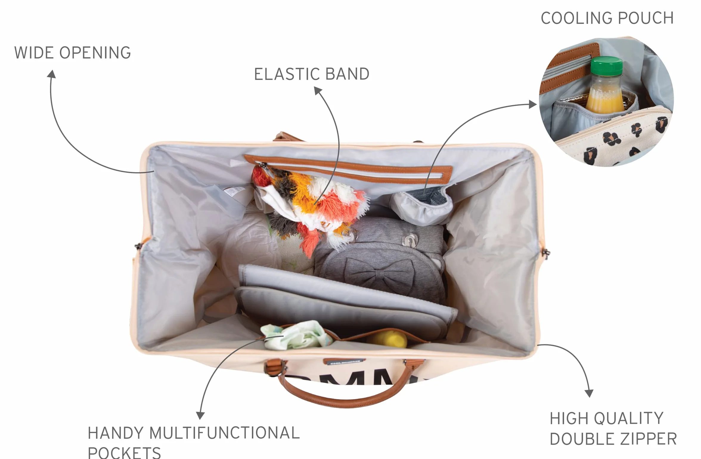 CHILDHOME, Mommy Bag, torba na pieluchy, dla kobiet w ciąży, torba podróżna, duża pojemność, mata do przewijania, regulowany pasek na ramię, izolowana kieszeń, przejście na walizkę, ekru/czarna