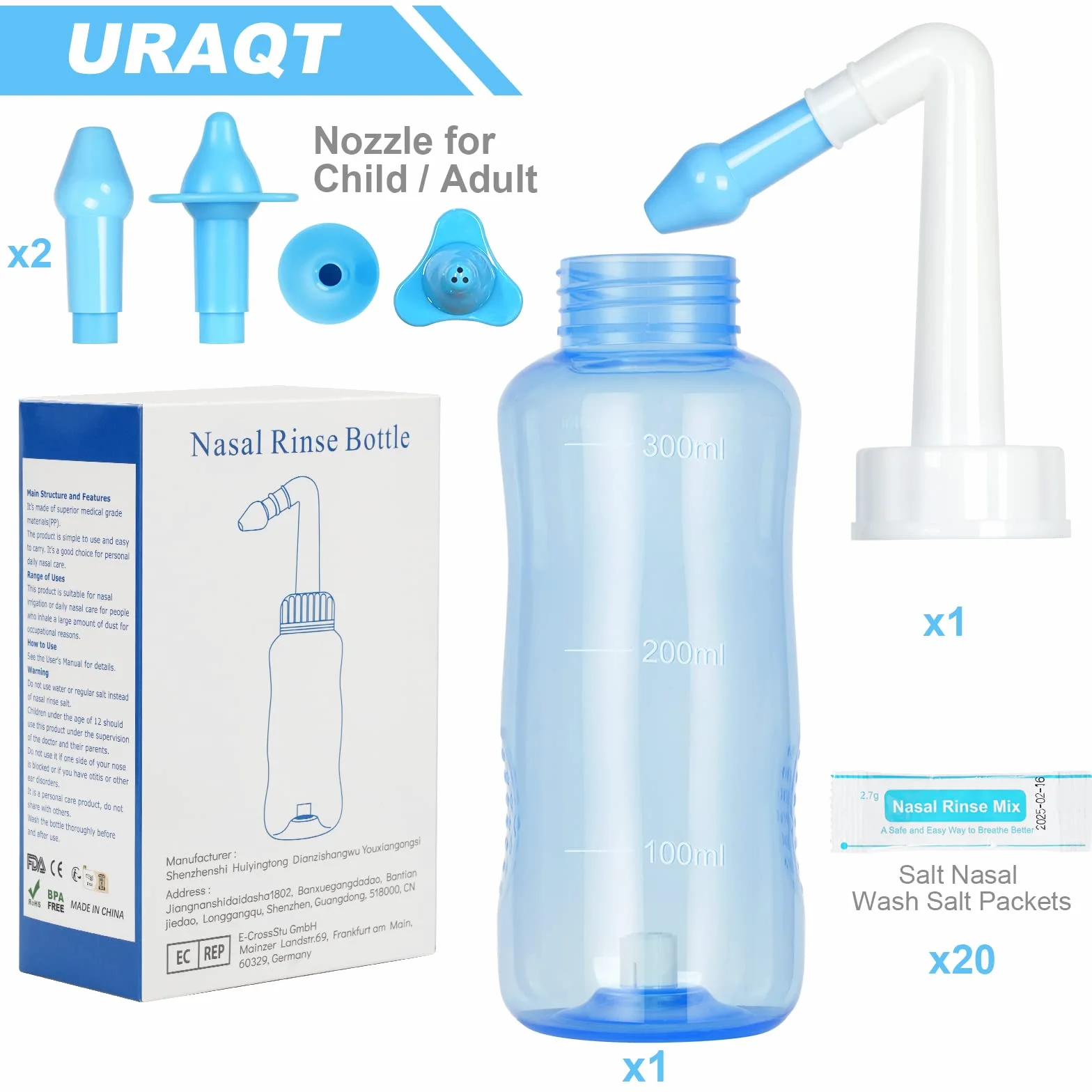 URAQT Neti Pot, zestaw do płukania nosa Płyn do płukania nosa, butelka do płukania zatok 300 ml z 40 saszetkami soli do płukania nosa, płukanka ciśnieniowa do irygacji nosa dla dorosłych i dzieci Bez BPA