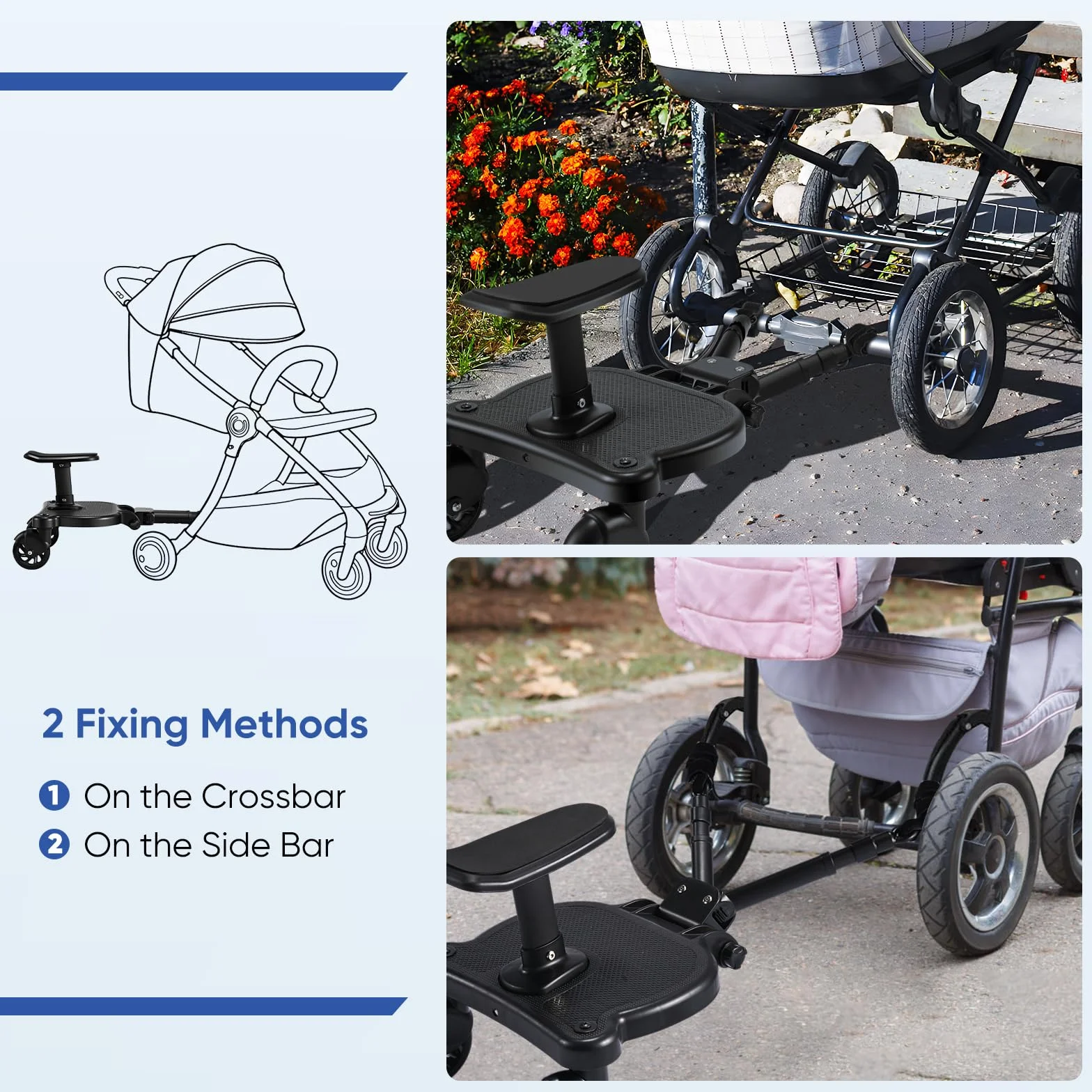 Deska buggy uniwersalna z siedziskiem i torbą organizera, kompatybilna z wózkami, udźwig 25 kg