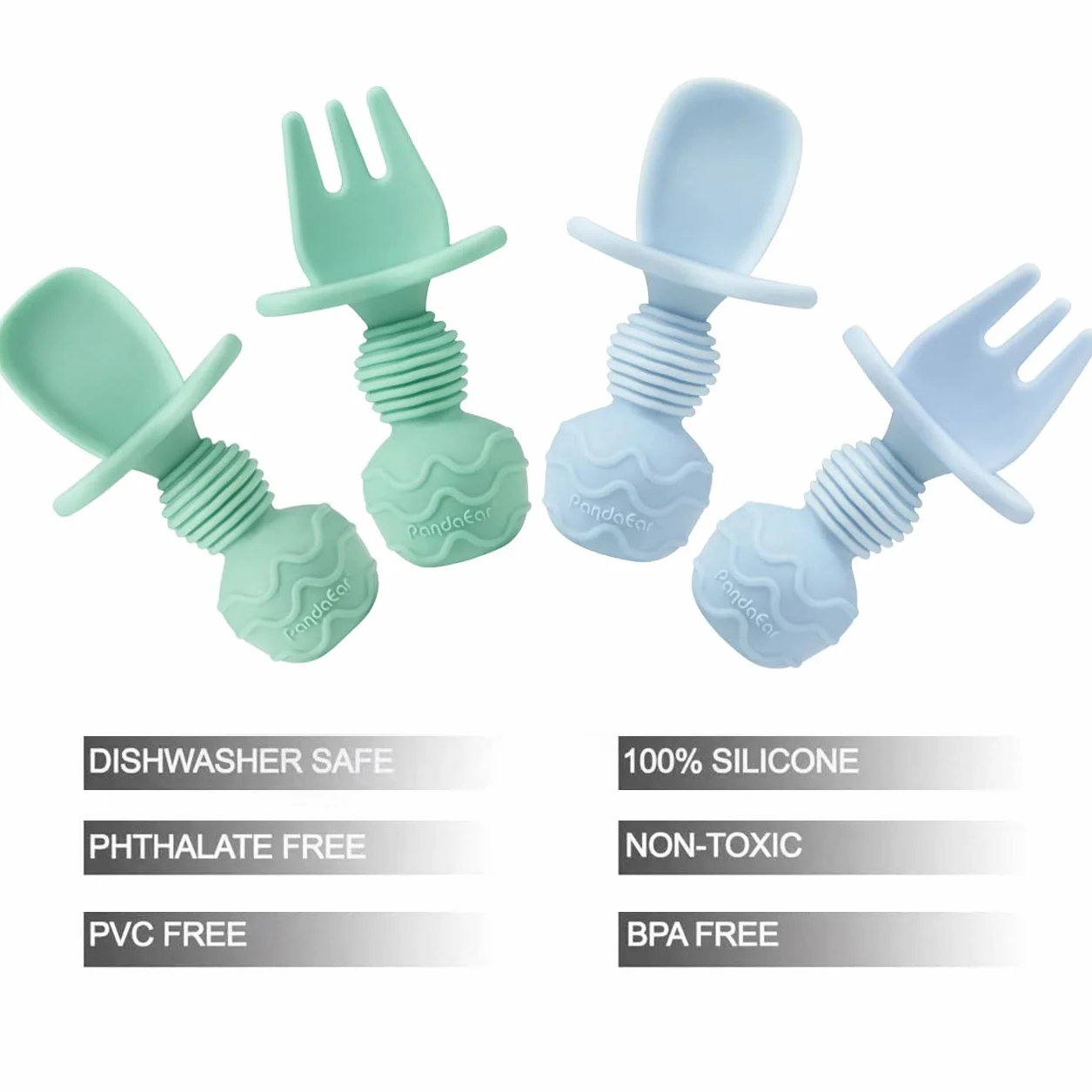PandaEar 4 szt. silikonowych łyżek dla niemowląt i zestawu do karmienia widelca - Anti-Choke First Self Feeding naczynia dla niemowląt Led Weaning Ages 3 miesiące (Cyan+Blue)