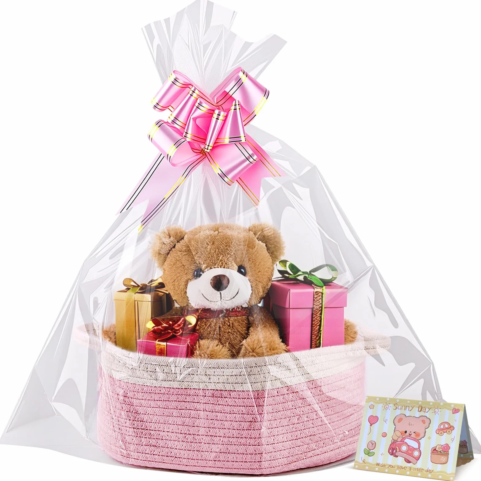 Mały tkany kosz, 30 x 20 x 12,7 cm, pusty, ze wstążką i torbą prezentową, zestawy koszy na baby shower, prezenty świąteczne, kosz do przechowywania z uchwytem do pokoju dziecięcego, kosz na zabawki