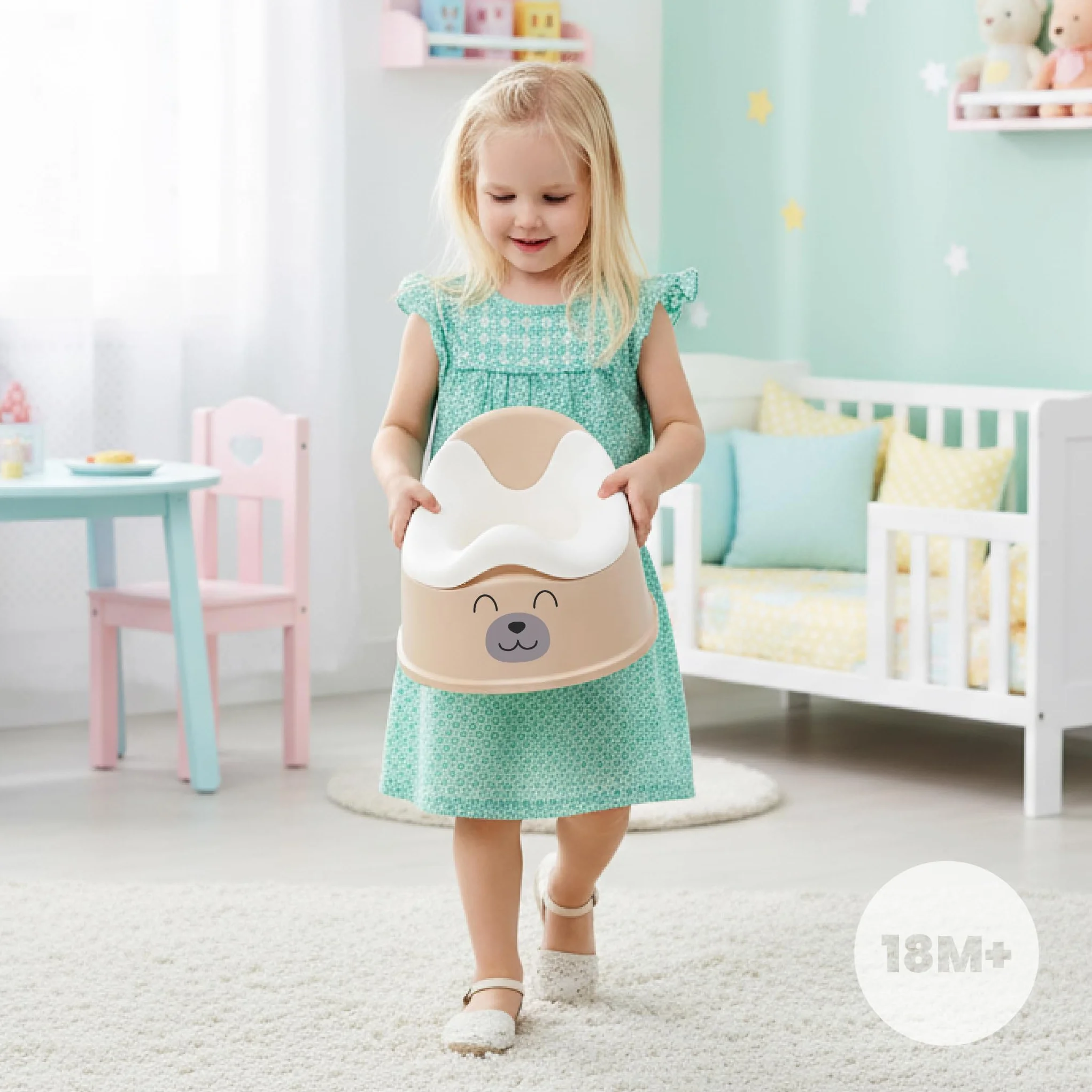 sun baby Nocnik dla dzieci 18-36 miesięcy, antypoślizgowe nóżki, ergonomiczne oparcie, wyjmowany wkład, tworzywo sztuczne, do 15 kg (Beżowo-Biały + Naklejka Miś)