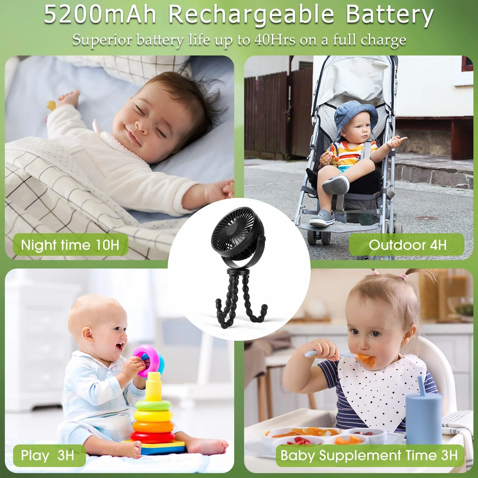 Wentylator do wózka POPERFUN 5200 mAh 40H, odłączany USB 360°, 3 prędkości, Czarny