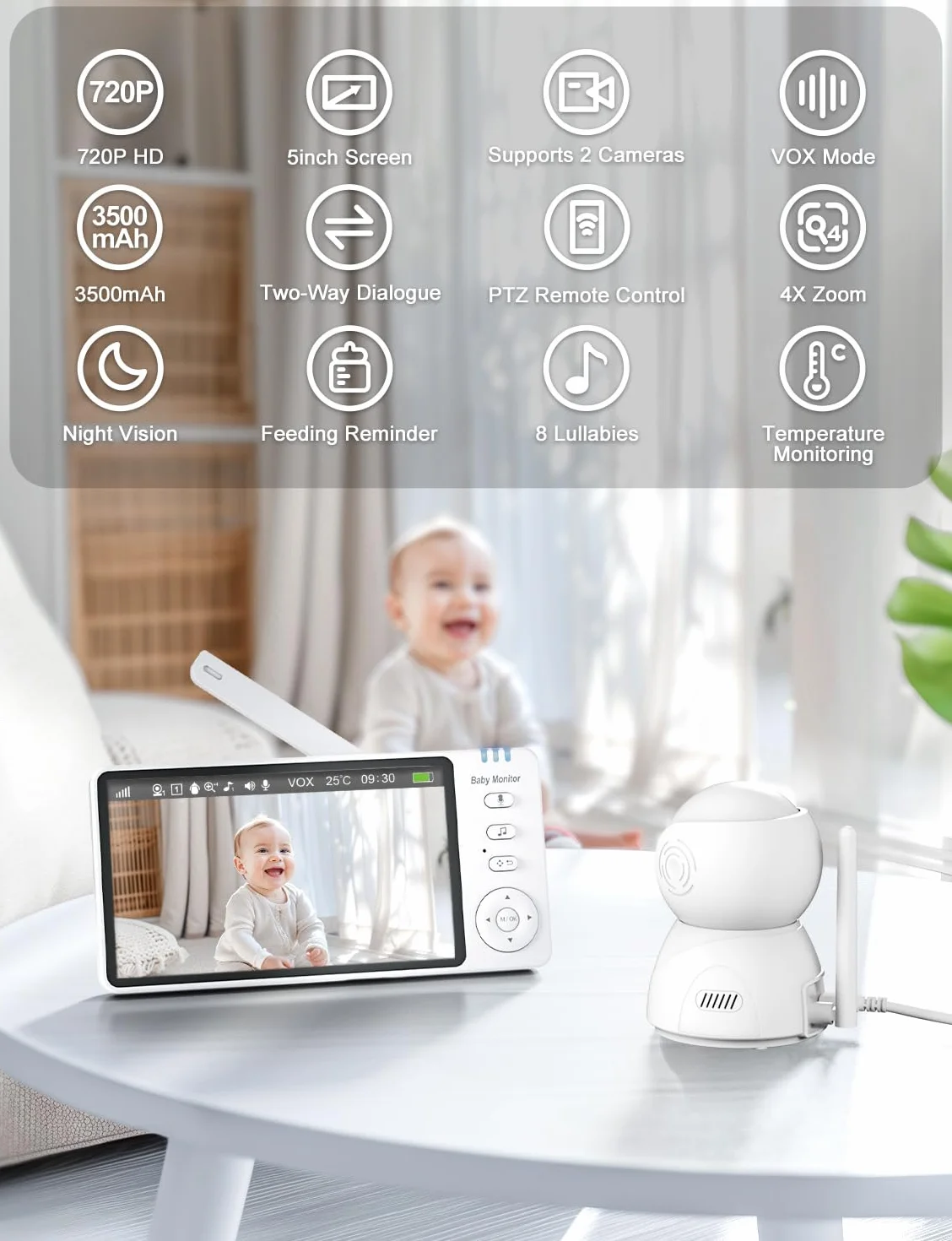 Baby Monitor 720P HD Kamera dla niemowląt z Pan-Tilt Zoom Wizja nocna VOX Intercom