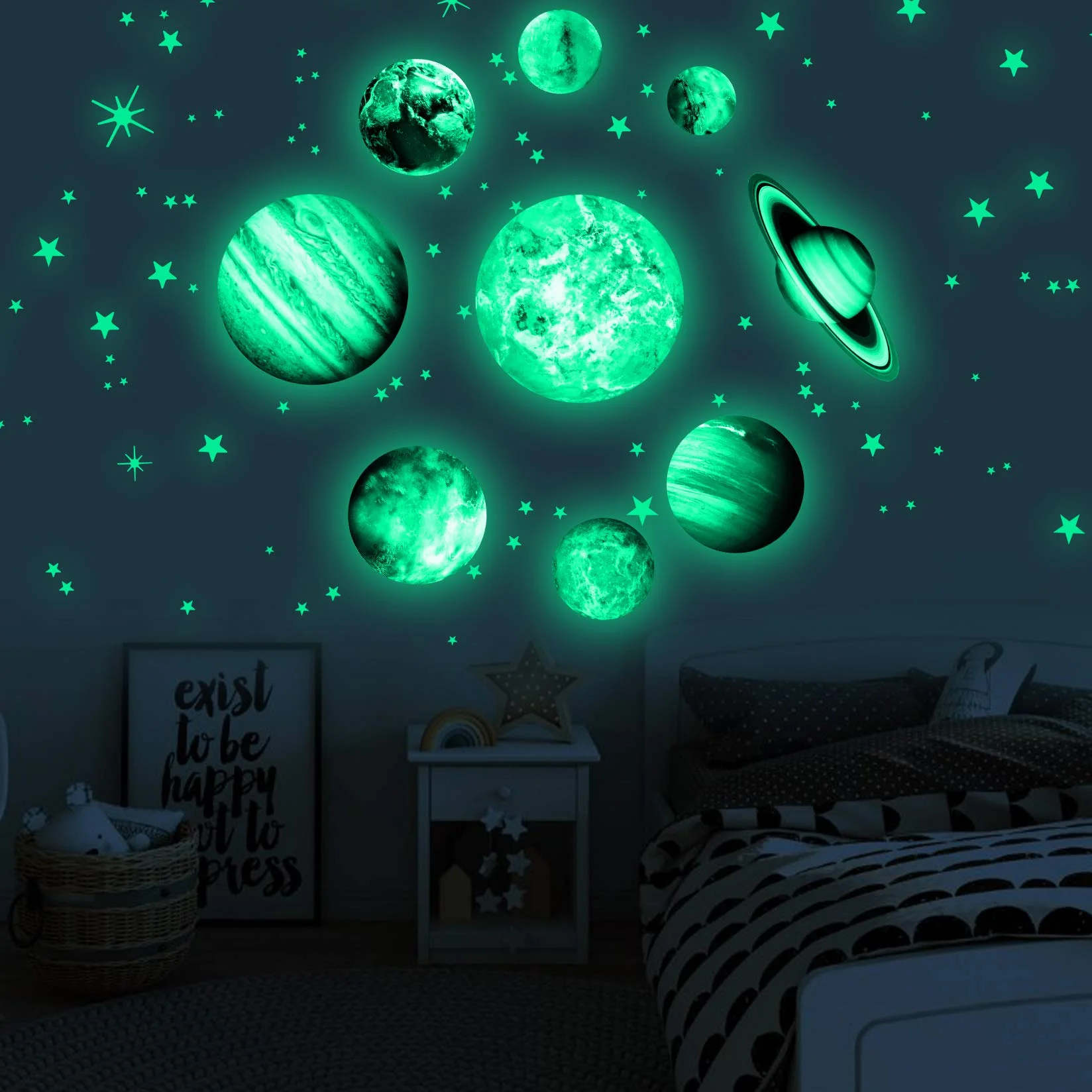 Yosemy 9 planet naklejki ścienne świecące + świecące gwiazdy, tatuaż ścienny, układ słoneczny, gwiazdy, fluorescencyjne naklejki ścienne do pokoju dziecięcego, dekoracyjne naklejki