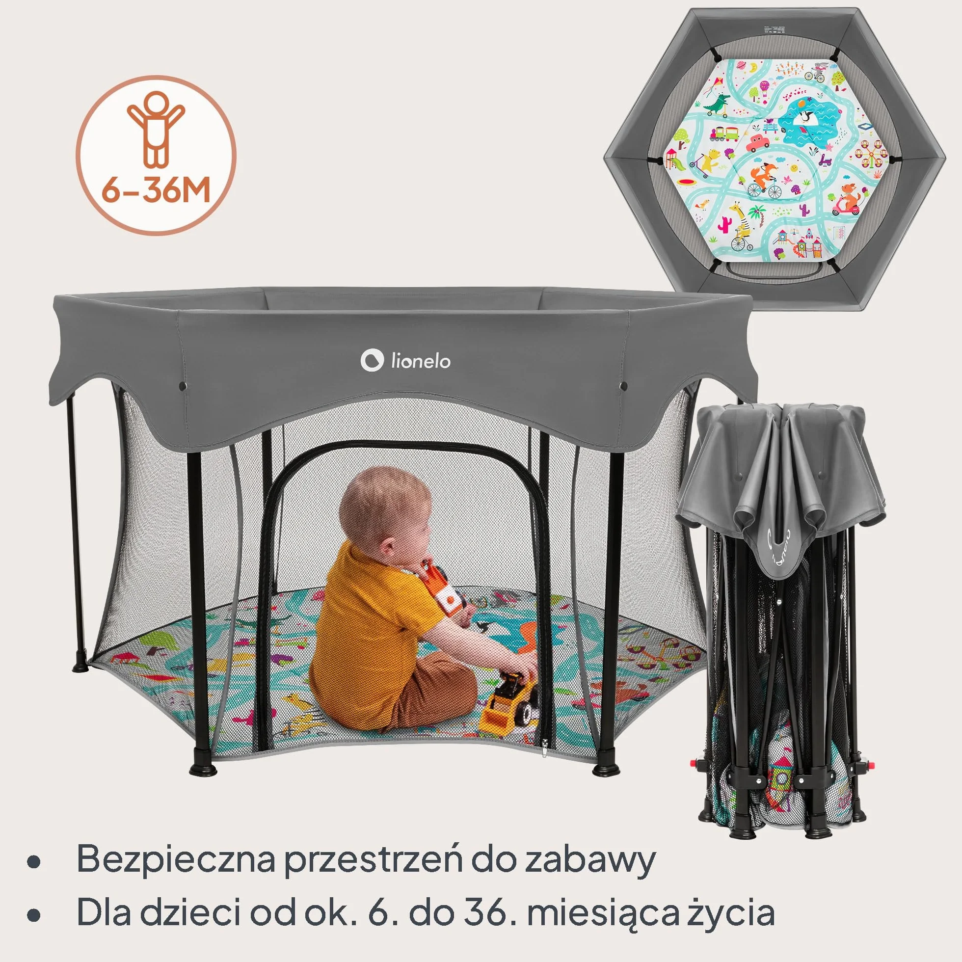 Lionelo Roel Plus Duży Kojec Dziecięcy Składany Przenośny Średnica 134 cm 6–36 mies. 15 kg