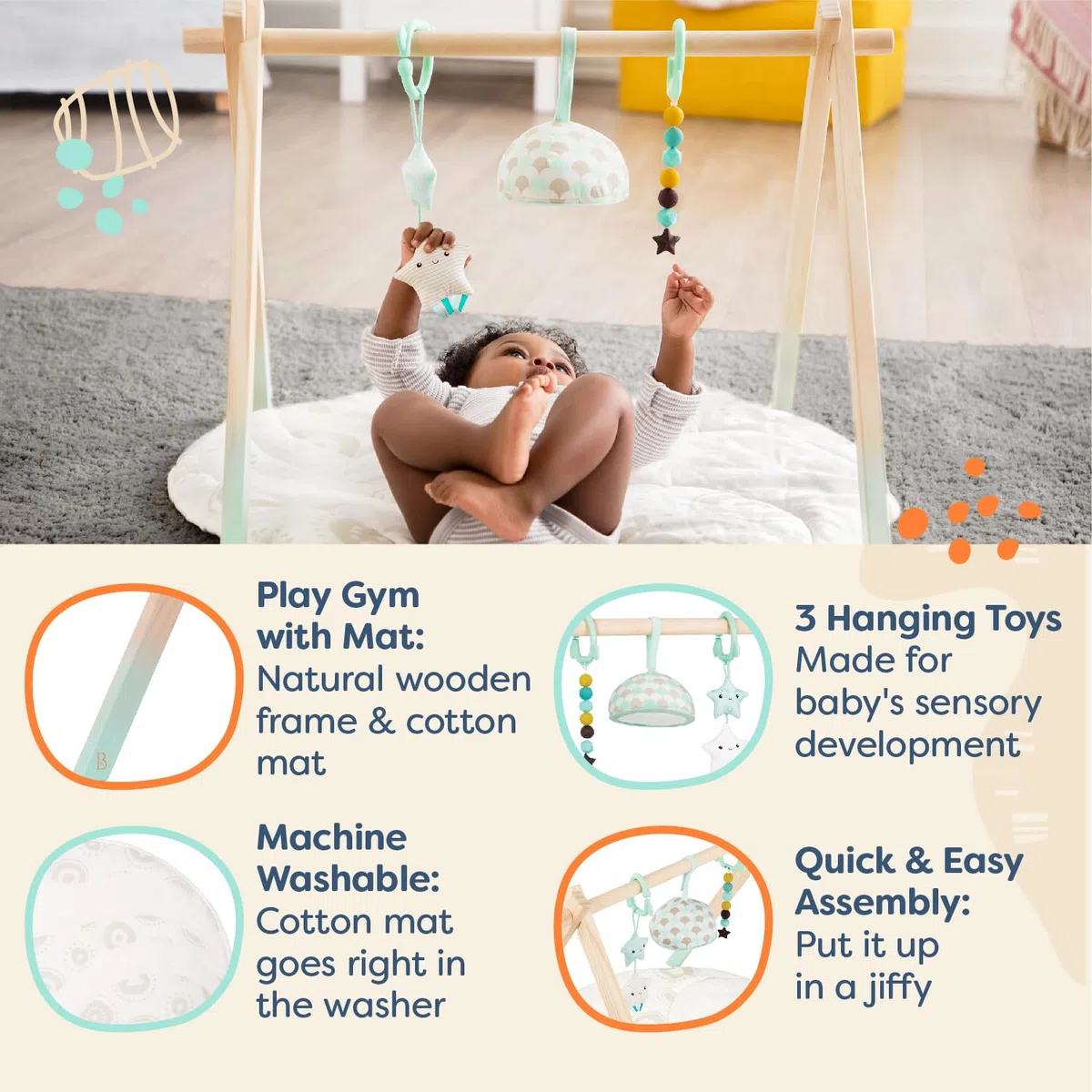 B. toys – Drewniany pałąk do zabawy dla niemowląt – mata aktywności – gwiaździste niebo – 3 wiszące zabawki sensoryczne – naturalne drewno – niemowlęta, dzieci