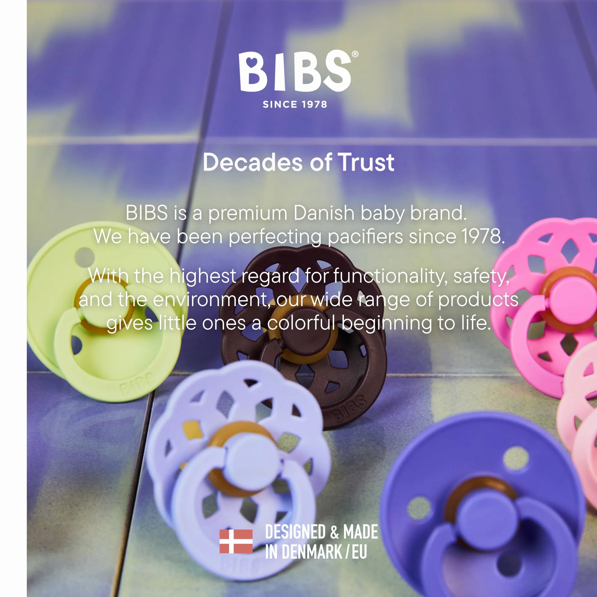 BIBS Colour Smoczek, 2 szt., Bez BPA, Okrągły kształt gumowej główki. Lateks z kauczuku naturalnego, Wyprodukowano w Danii, Rozmiar 2 (6-18 miesięcy), Hush/Grape
