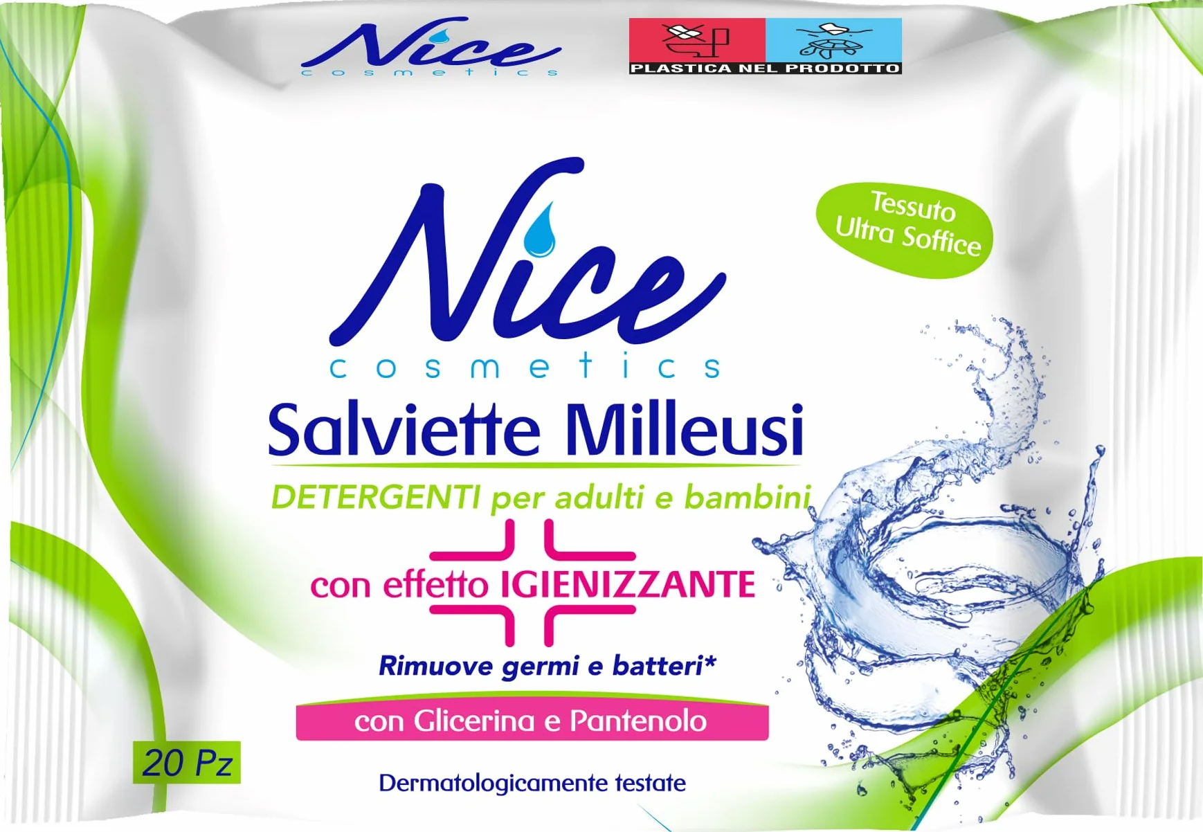 Nice Milleusi chusteczki higieniczne - usuwają zarazki i bakterie - świeże i nawilżające skórę z gliceryną i pantenolem - rozmiar: opakowanie 20 chusteczek