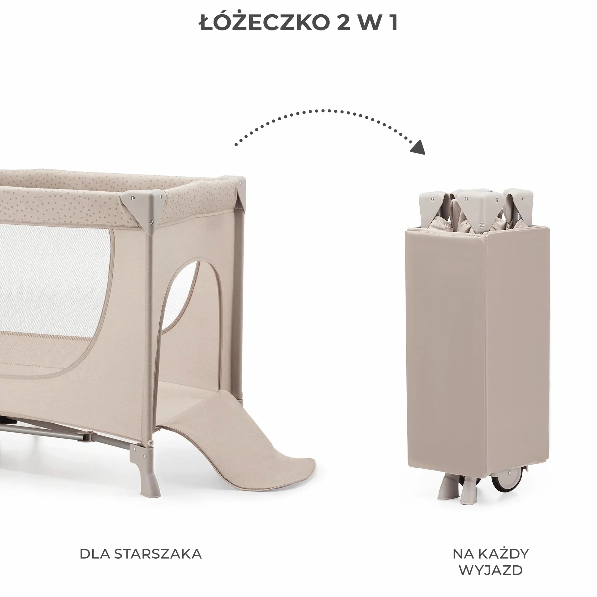 Kinderkraft JOY 2 Łóżeczko turystyczne 2 w 1, Boczne wejście, Szybkie składanie i rozkładanie, Zabezpieczenie przed złożeniem, Kółka i torba ułatwiające transport, Beżowy