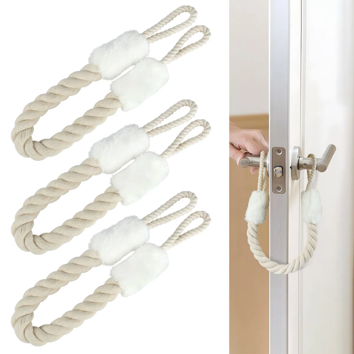 3 stopery do drzwi, bawełna, ochrona przed zaciskiem, ochrona przed zaciskiem, 60 cm, ochrona przed zaciskiem, stoper do drzwi, klamka, materiał dla zwierząt domowych i dzieci, ochrona palców (biały)