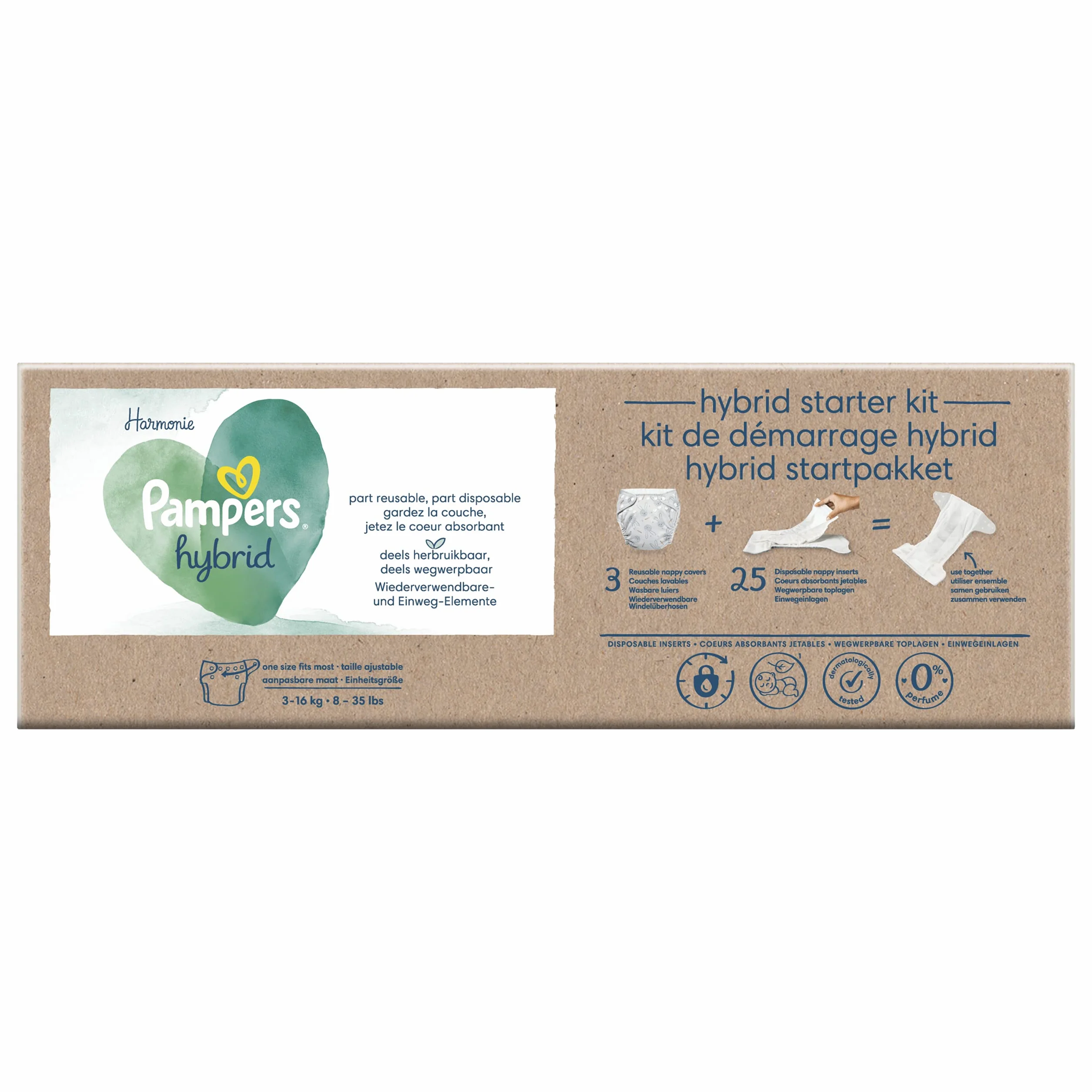 Pampers - Harmony Hybrid Starter Pack, 3 pieluchy do prania + 25 jednorazowych warstw wierzchnich - 1 opakowanie