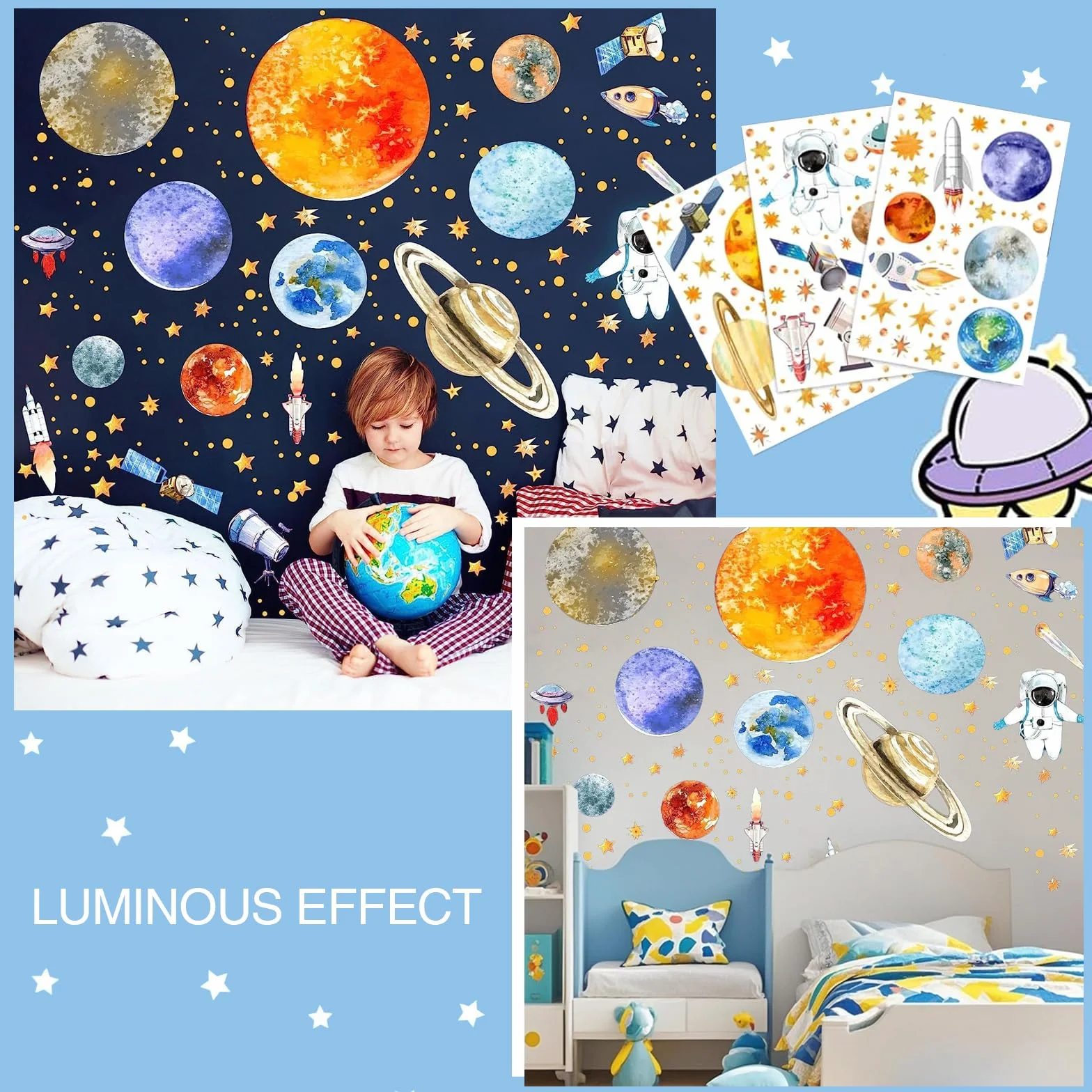 3 arkusze naklejek ściennych, świecące naklejki na ścianę, 9 planet, świecące gwiazdy, astronauta, planeta, naklejki ścienne, fluorescencyjne, układ słoneczny, gwiazdy, tatuaż ścienny, dekoracyjne