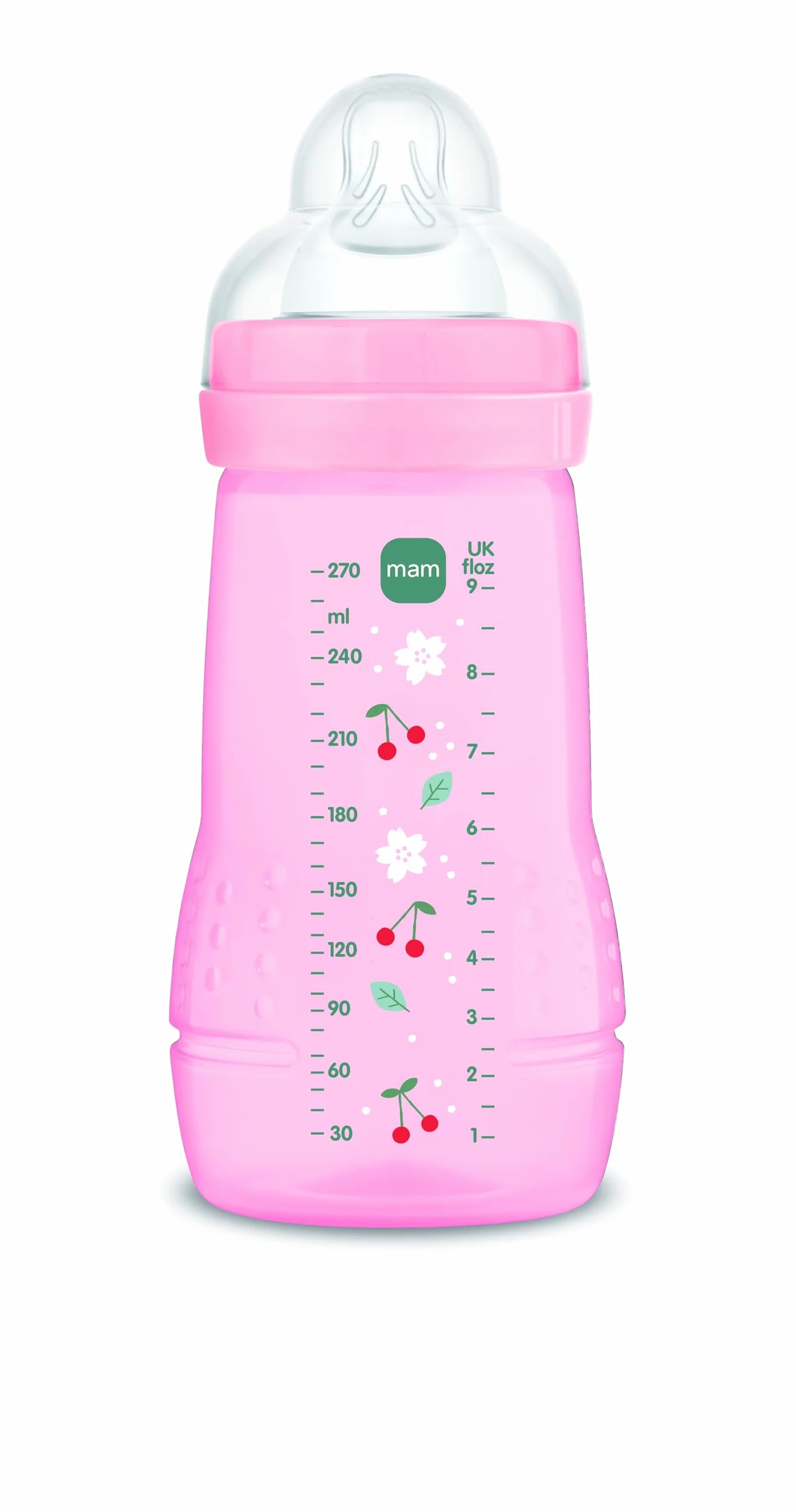 MAM Butelka dla niemowląt 270 ml, smoczek 2 średni przepływ silikonowy, Easy Active, różowy