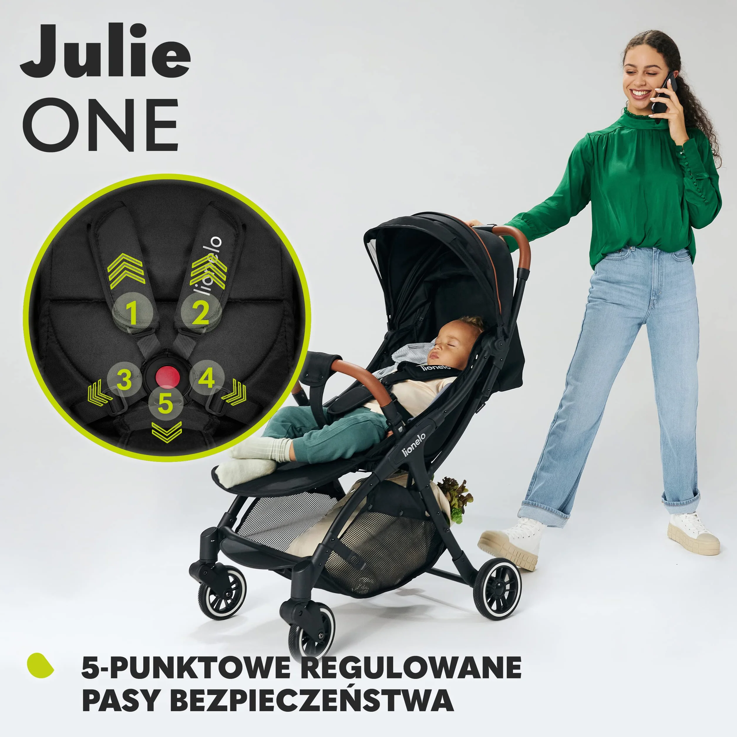 LIONELO Julie One wózek spacerowy do 22kg, regulacja oparcia od pozycji siedzącej do leżącej, regulowany podnóżek, ocieplacz na nóżki, moskitiera, torba do transportu