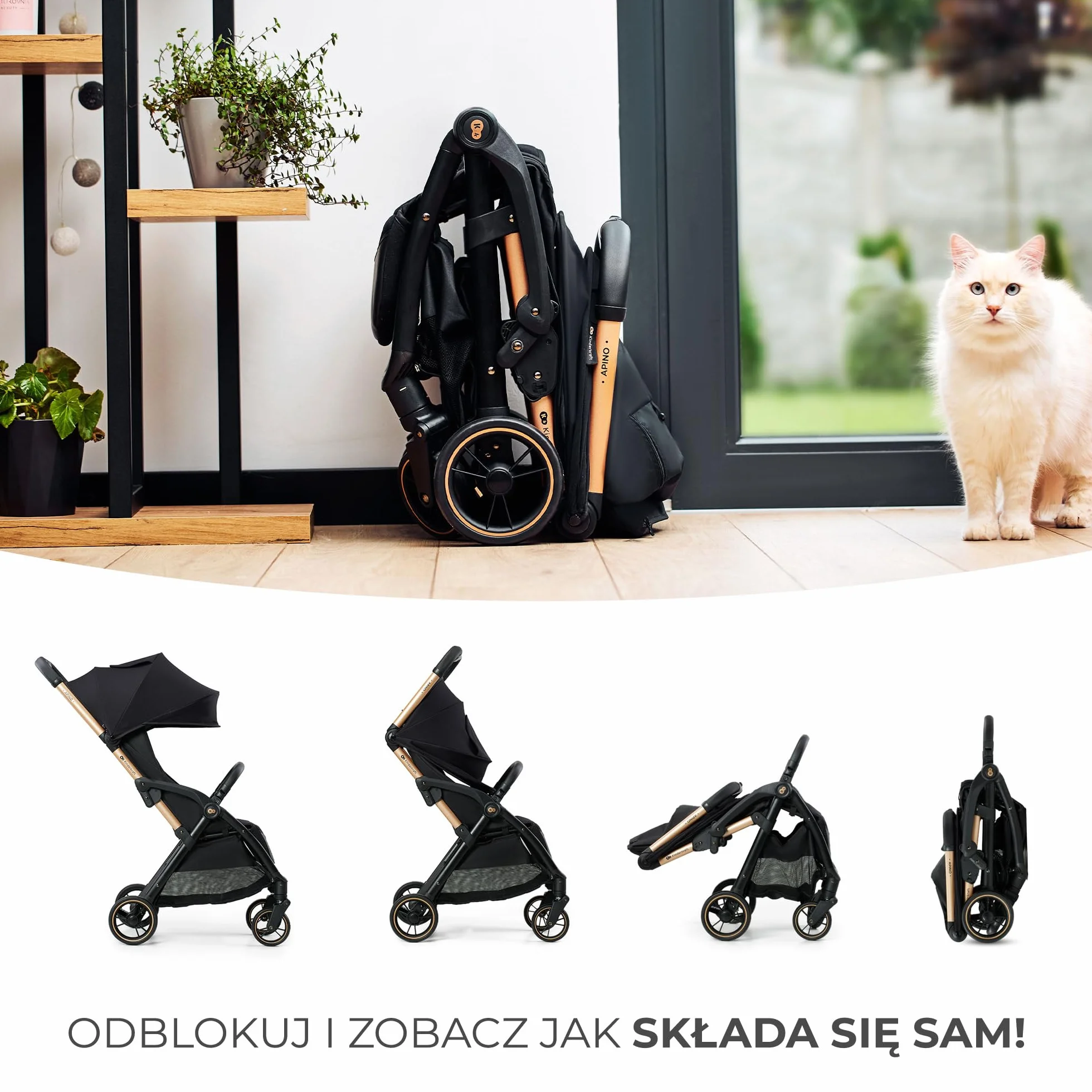 Kinderkraft APINO Lekka Spacerówka, Wózek dziecięcy, Idealny na podróż, AUTO FOLDING, Składany, Kompaktowy, Lekki, Tylko 7,5kg, Wodoodporna budka, Regulacja oparcia, obciążenie do 24kg, Czarny