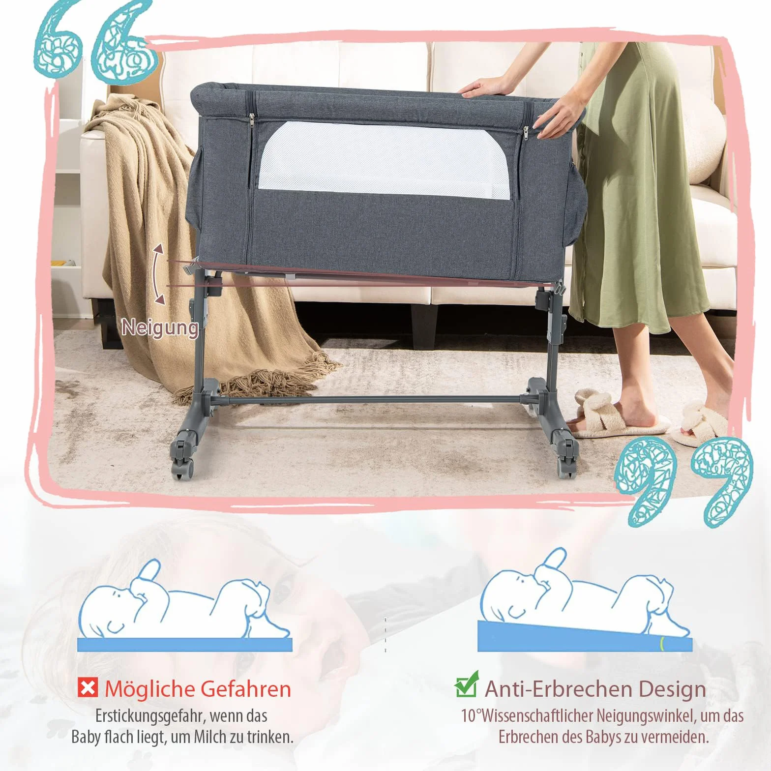 COSTWAY 3 in 1 Bassinet & Cradle & Travel Cot, 5-stopniowe łóżeczko dziecięce z regulacją wysokości, nachylenie 10°, łóżeczko z materacem, torba transportowa (ciemnoszary)