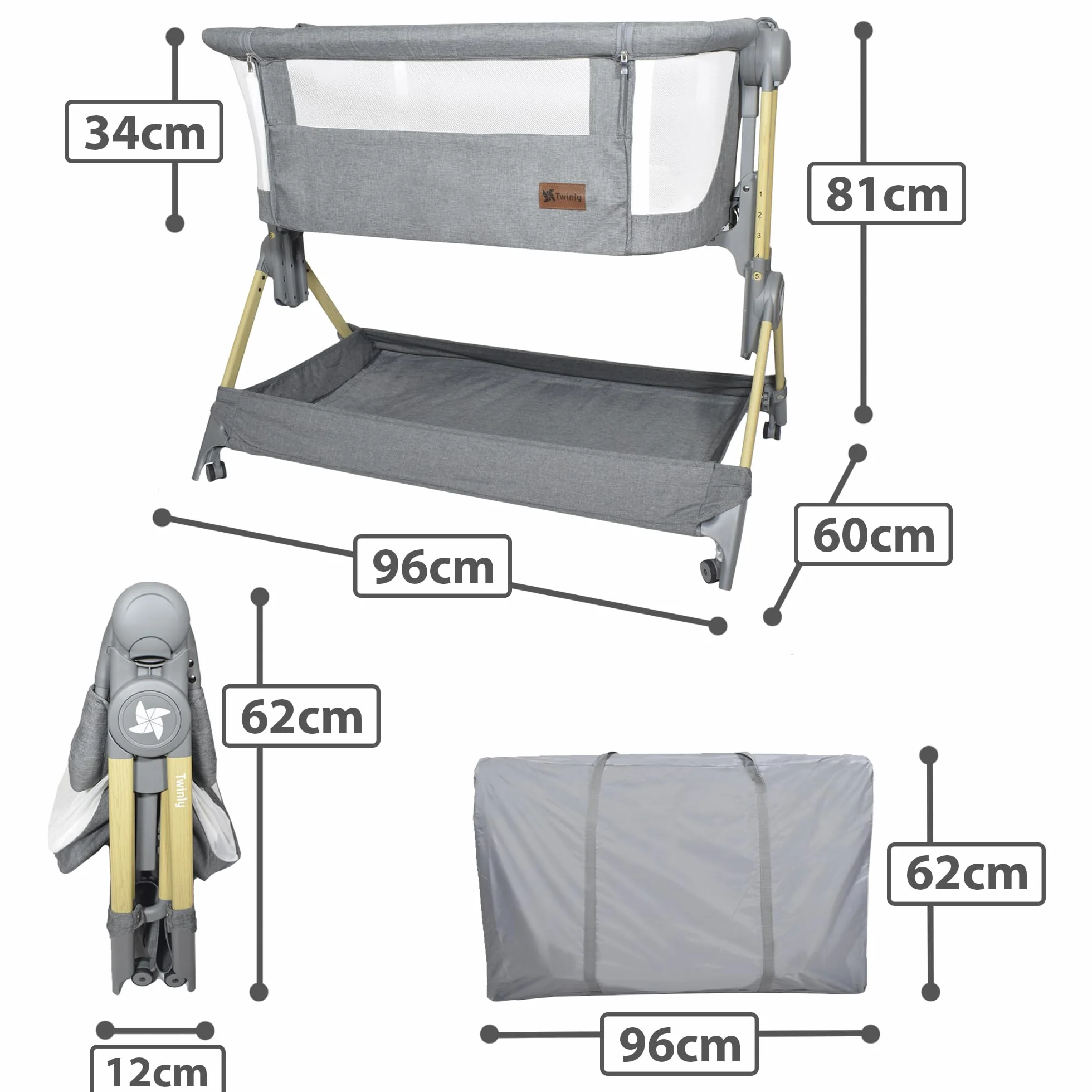 Twinly Comfortly 2 w 1 składane łóżeczko dziecięce z kółkami, regulowana wysokość, materac w zestawie