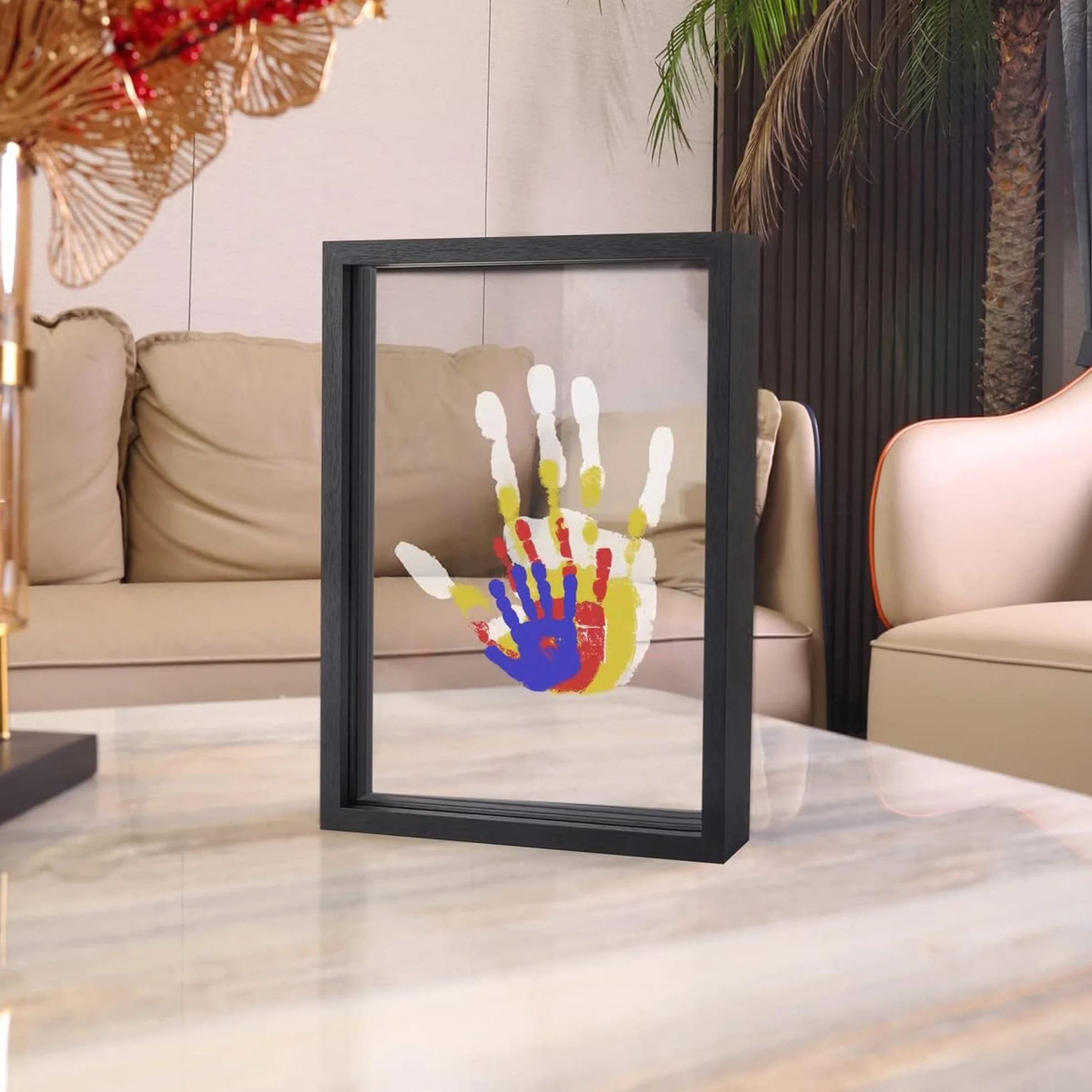 QSLKI Family Handprint Kit Clear Diy Craft Pamiątki Drewniane Ramy, Czarny, Rodzinny Zestaw Pamiątek Dłoni i Stóp, Cztery Przegrody Sześć Farb, Dziecięcy Odcisk Ręki i Stóp Zestaw, Rodzinny Pamiątek D