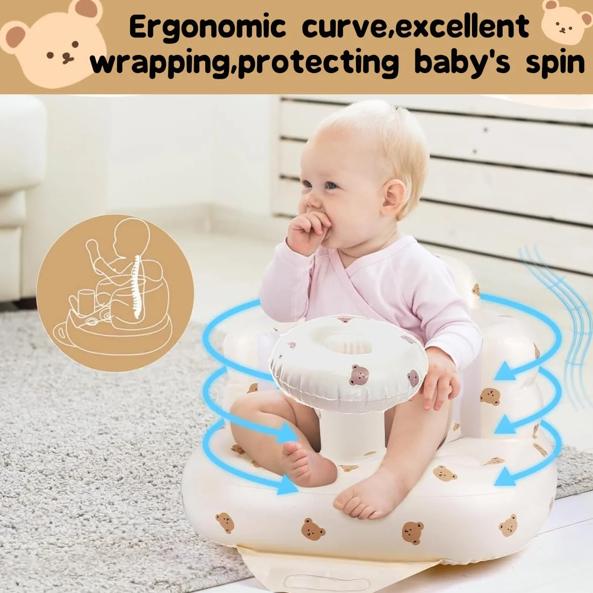 Nadmuchiwane siedzisko dla niemowląt, 3-36 miesięcy, wbudowana pompka powietrza, podparcie pleców dla niemowląt, krzesło do siedzenia, baby shower, krzesło na zewnątrz, siedzenie podłogowe, prezenty