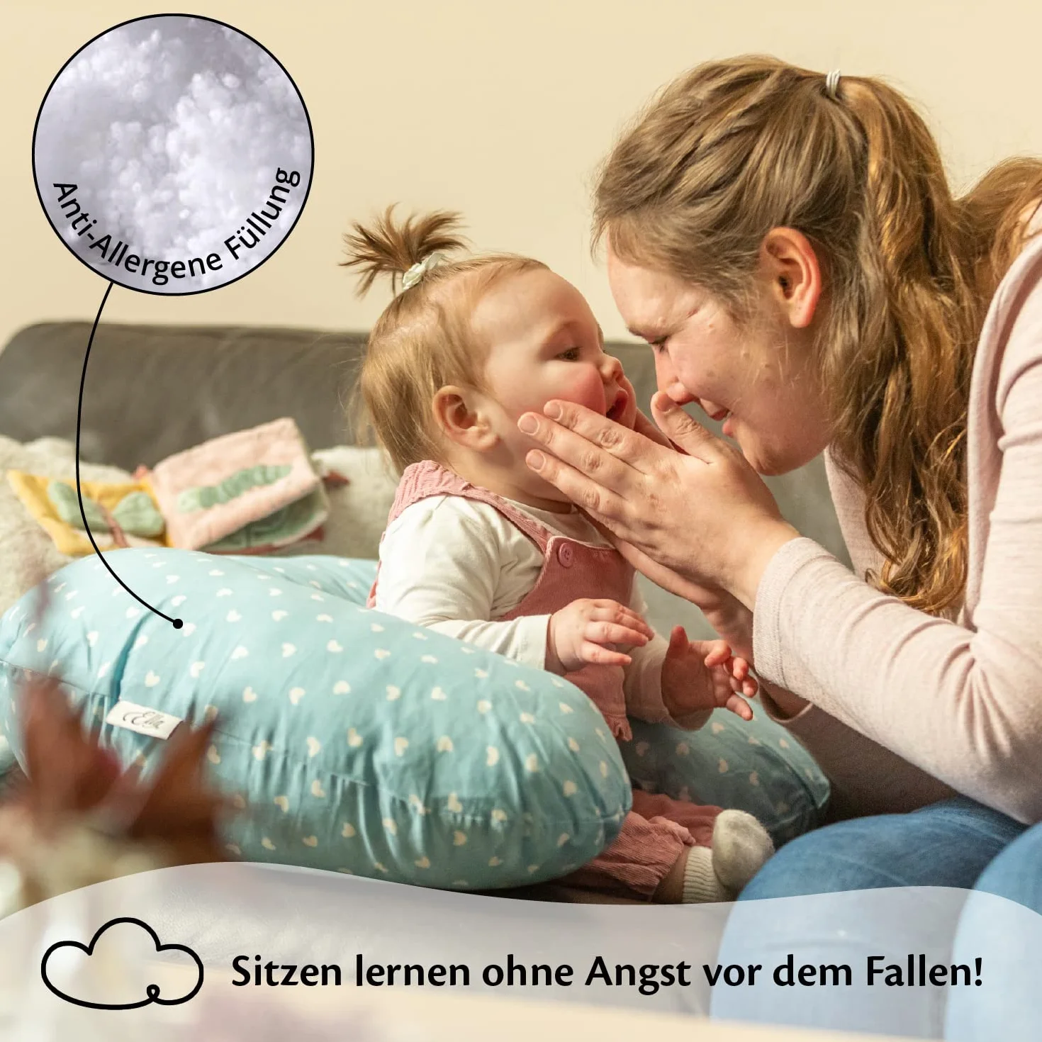 Ella Poduszka do karmienia – ergonomiczna poduszka dla niemowląt do wygodnego karmienia i karmienia niemowląt, wyściełany zagłówek dla niemowląt ze zdejmowaną bawełnianą poszewką - niebieska z sercami
