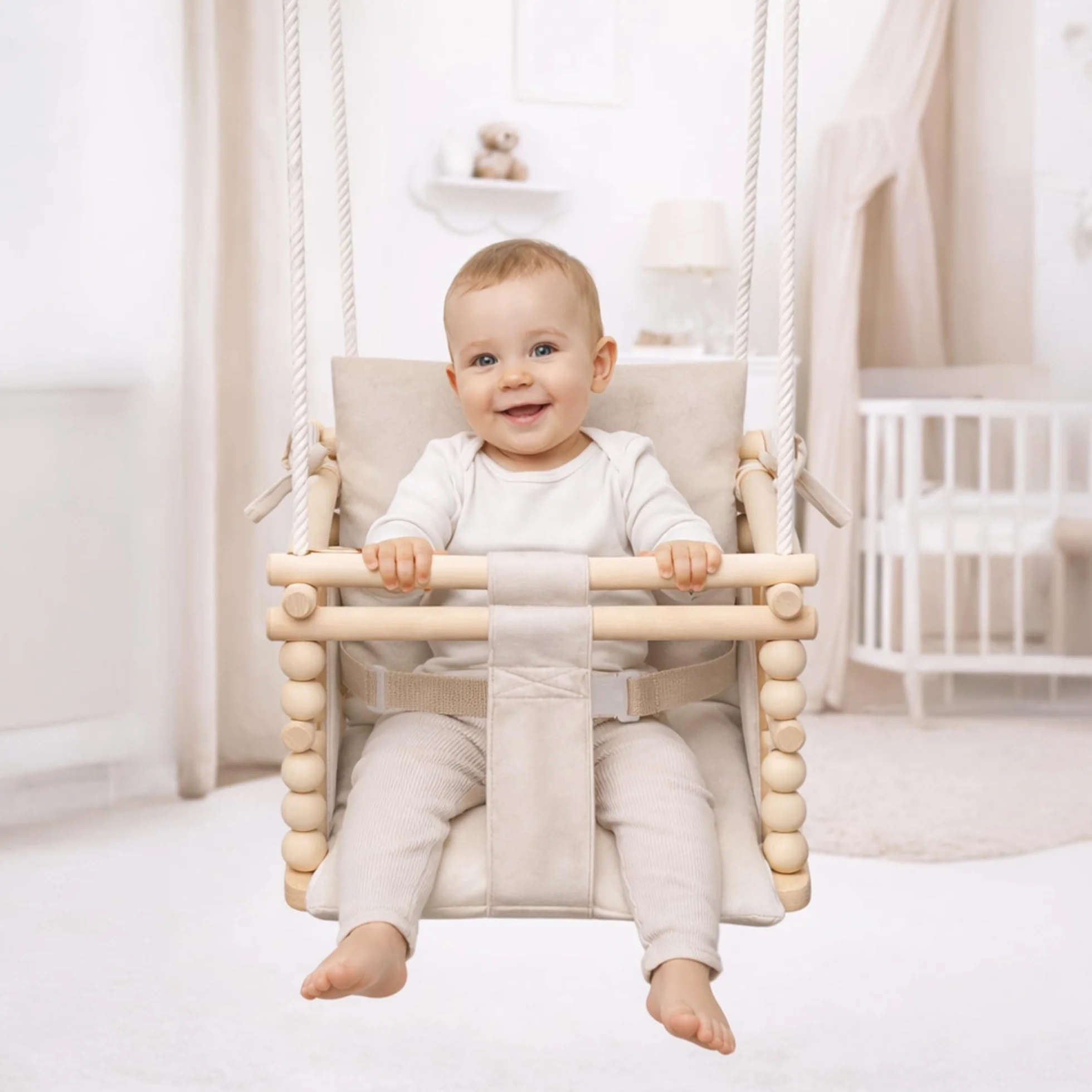 MAMOI® Huśtawka dziecięca 3 w 1 + PAS BEZPIECZEŃSTWA | Regulacja wysokości 190-260cm | Drewniana huśtawka dla dzieci | Wewnętrzna huśtawka dla dzieci do domu | CE | 100% ECO | Wyprodukowano w UE