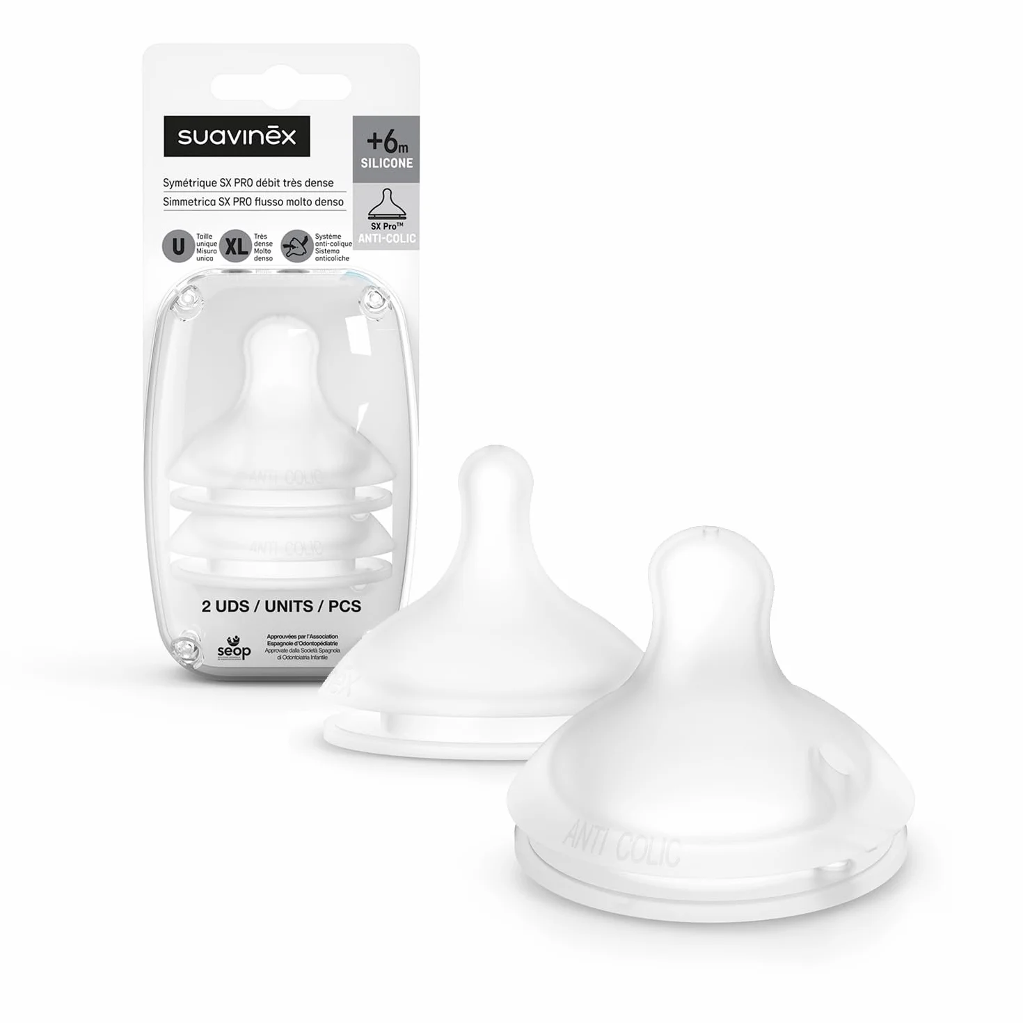 Suavinex, 2 szt. silikonowych symetrycznych smoczków Sx Pro, do butelek Suavinex, bardzo gęsty smoczek o dużej przepływie (XL), do gęstej żywności i zbóż, +6 miesięcy, z zaworem antykolkowym, 2 sztuki