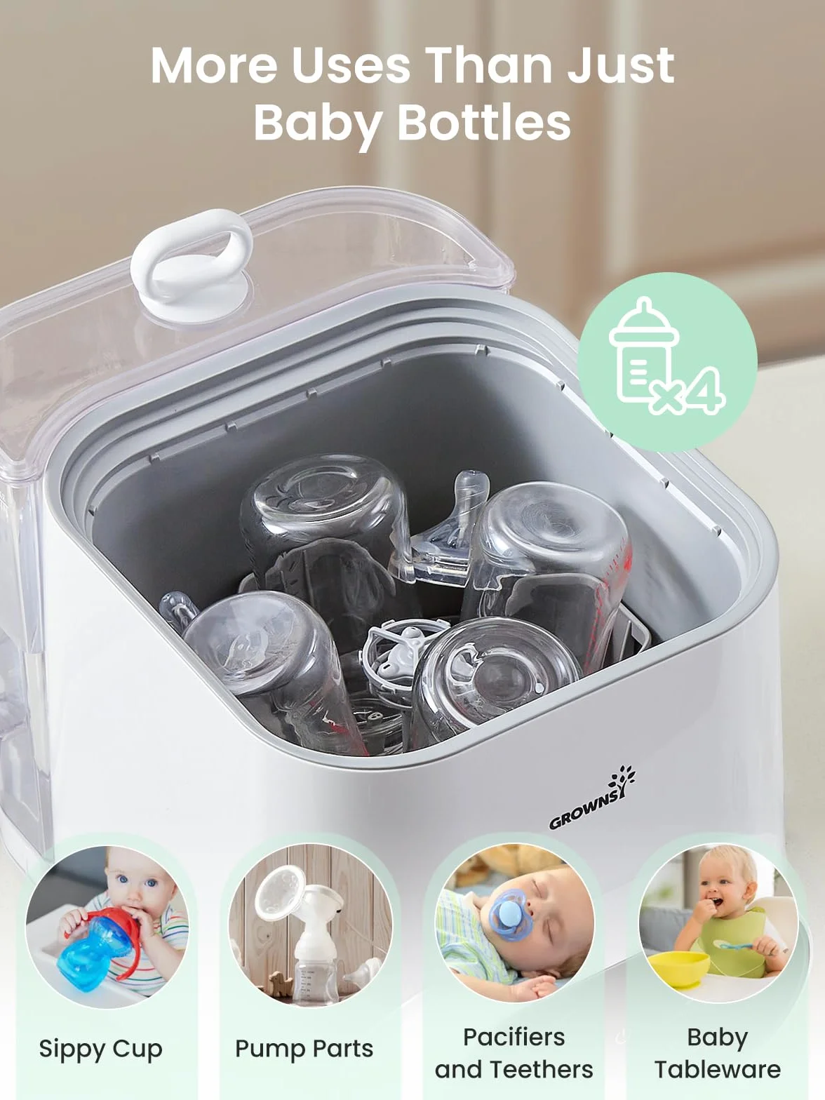 Grownsy EaseClean Bottle Washer Pro | Elektryczny Płuczko-Suszarko-Sterylizator | Do Butelek, Akcesoriów Laktatora | Mycie bez Ręcznego Płukania
