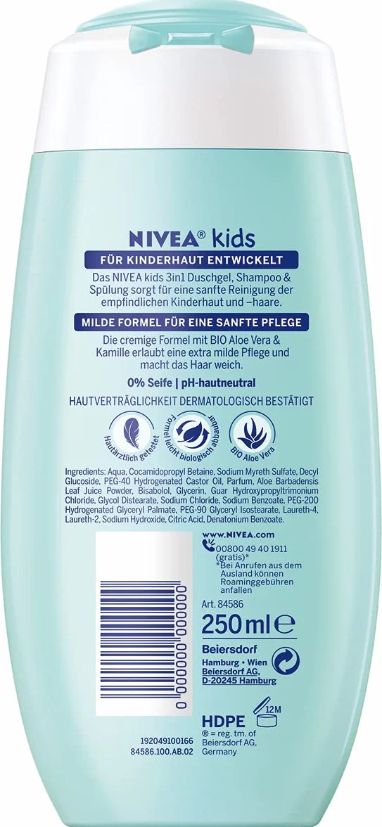 NIVEA KIDS 3 w 1 Duschgel, szampon & spülung (250 ml), pielęgnacja i pielęgnacja dla dzieci z magicznym odprowadzeniem, extra milde & seifenfreie Haar- und Hautpflege dla dzieci