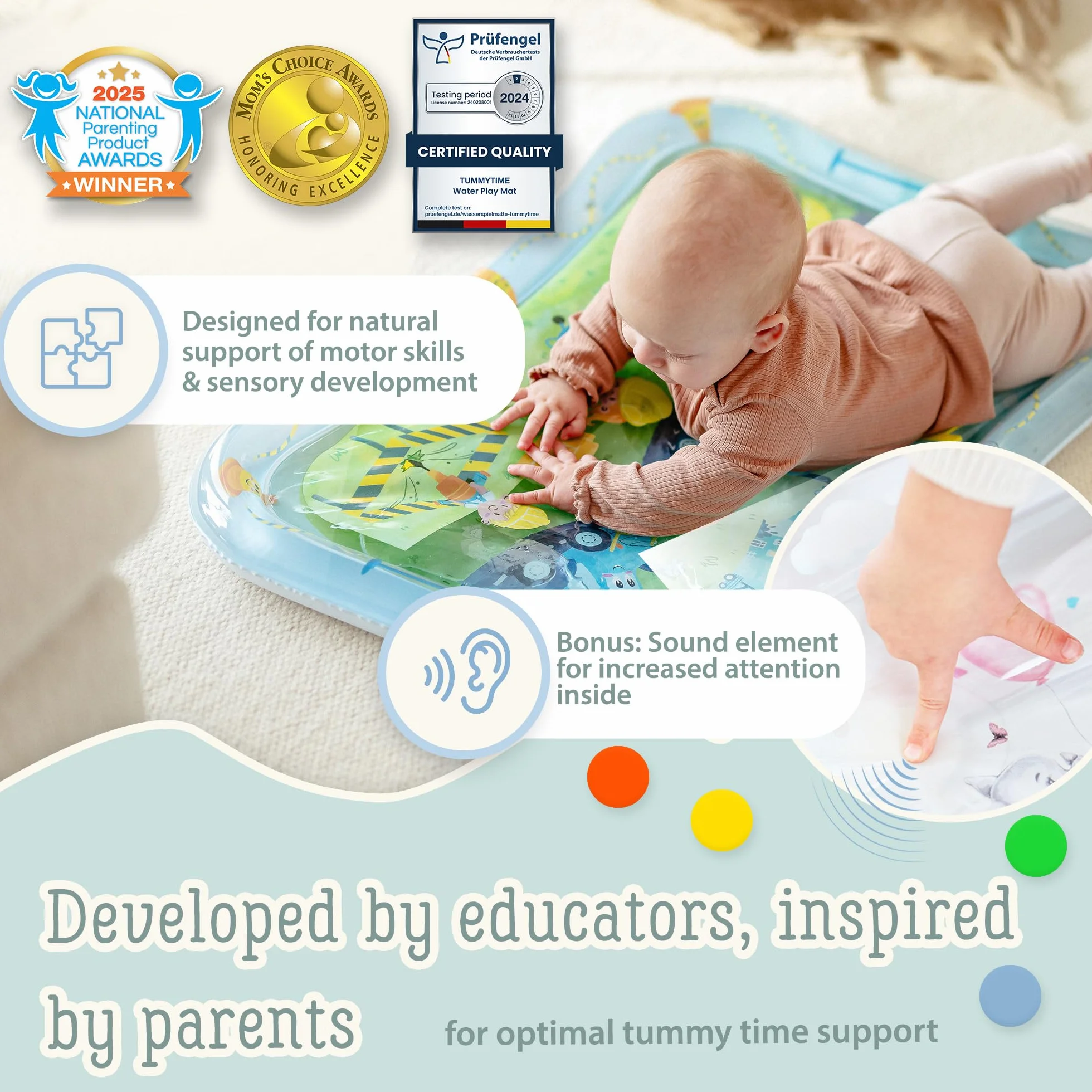 Freudeskind TummyTime mata wodna XXL sensoryczna mata do zabawy Montessori dla niemowląt 0-24 miesięcy