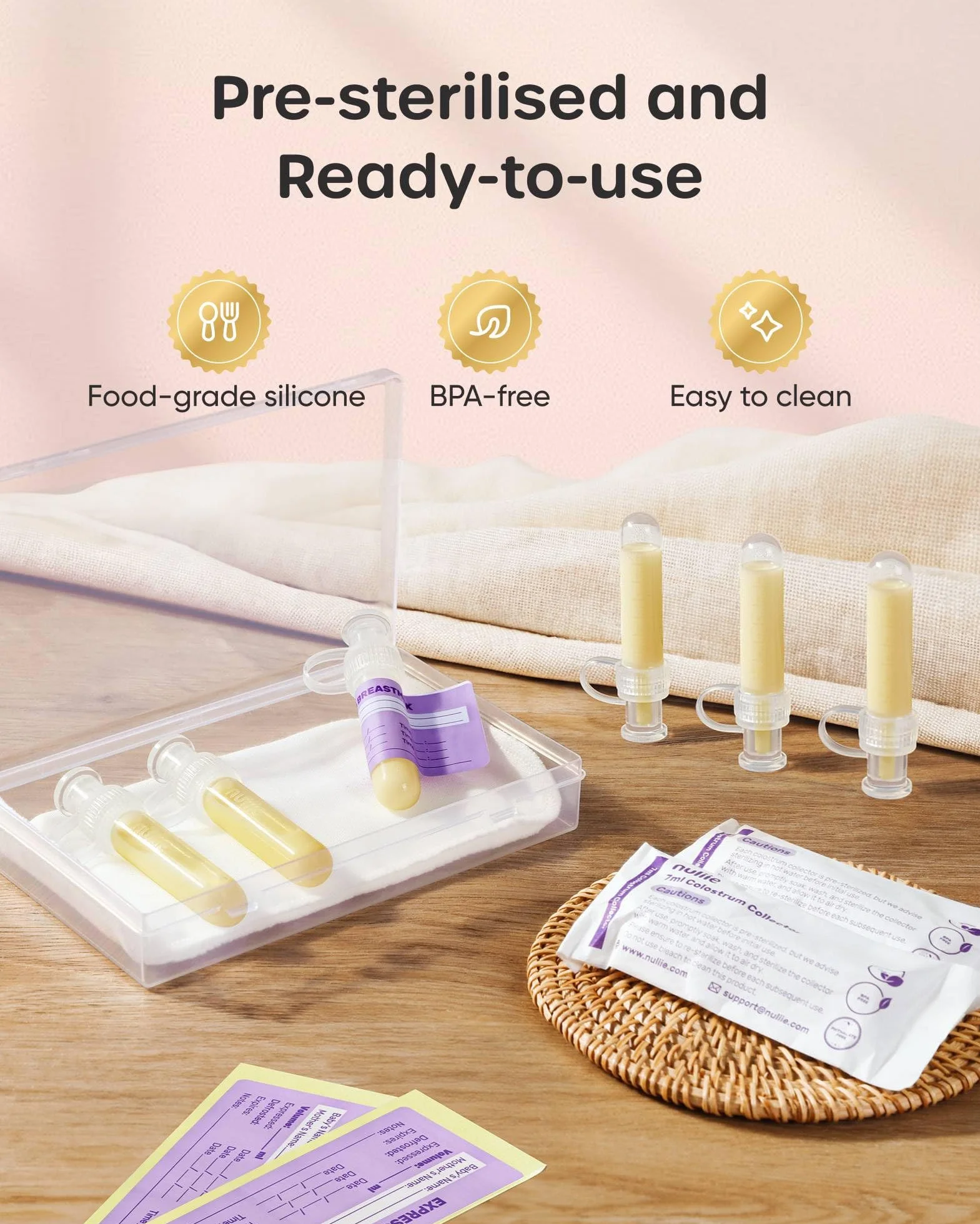 Nuliie Colostrum Collector Kit 7 ml/6 szt., nie zawiera BPA, wielokrotnego użytku, szczelny, z bawełnianą ściereczką, pojemnikiem do przechowywania, szczotką do czyszczenia, gotowy do użycia dla