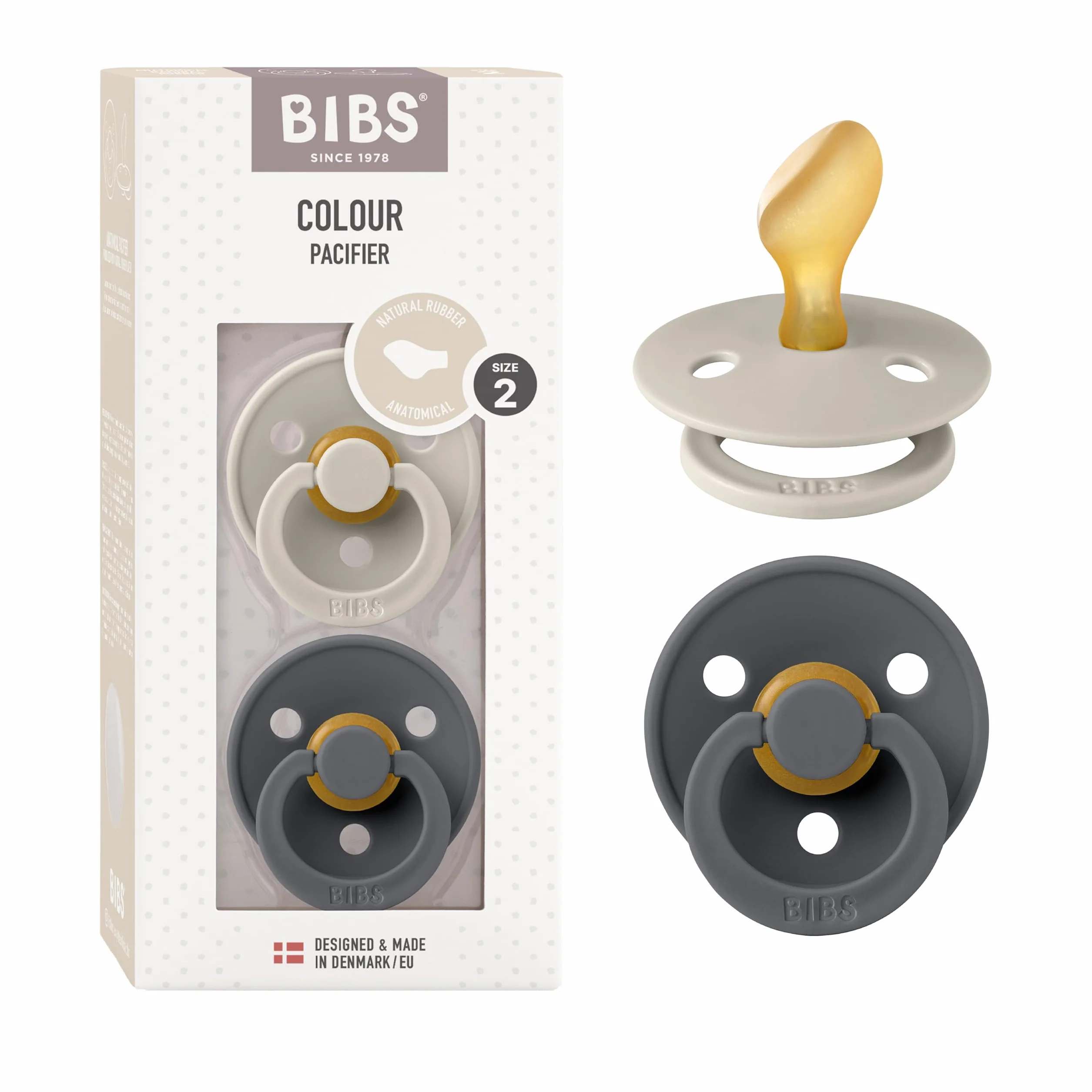 Smoczek BIBS z serii Colour, 2-pak, nie zawiera BPA, Anatomiczny kształt gumowej główki. Lateks z kauczuku naturalnego, Wyprodukowano w Danii/EU. Rozmiar 2 (6-18 miesięcy), Sand/Iron