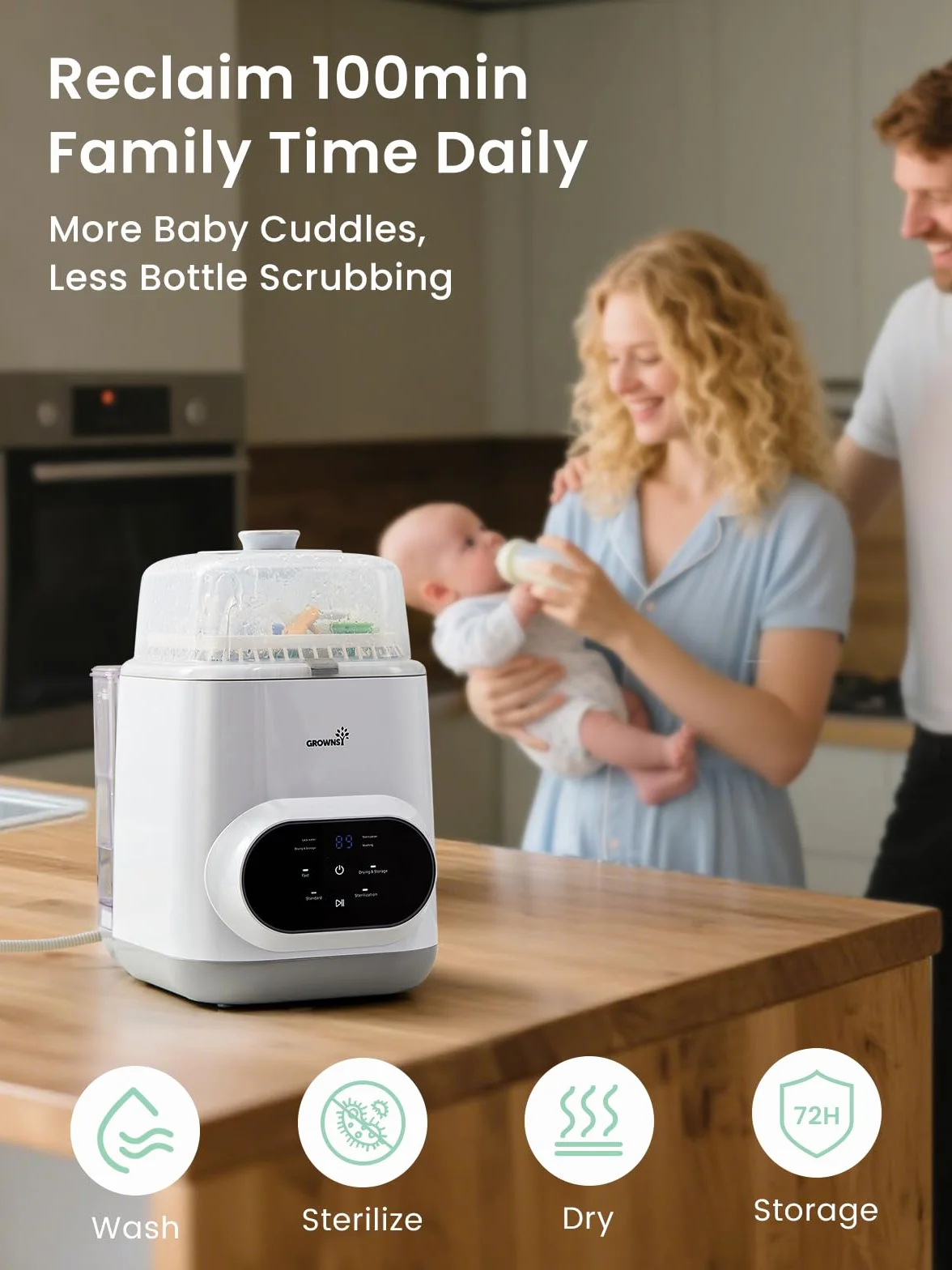 Grownsy EaseClean Bottle Washer Pro | Elektryczny Płuczko-Suszarko-Sterylizator | Do Butelek, Akcesoriów Laktatora | Mycie bez Ręcznego Płukania