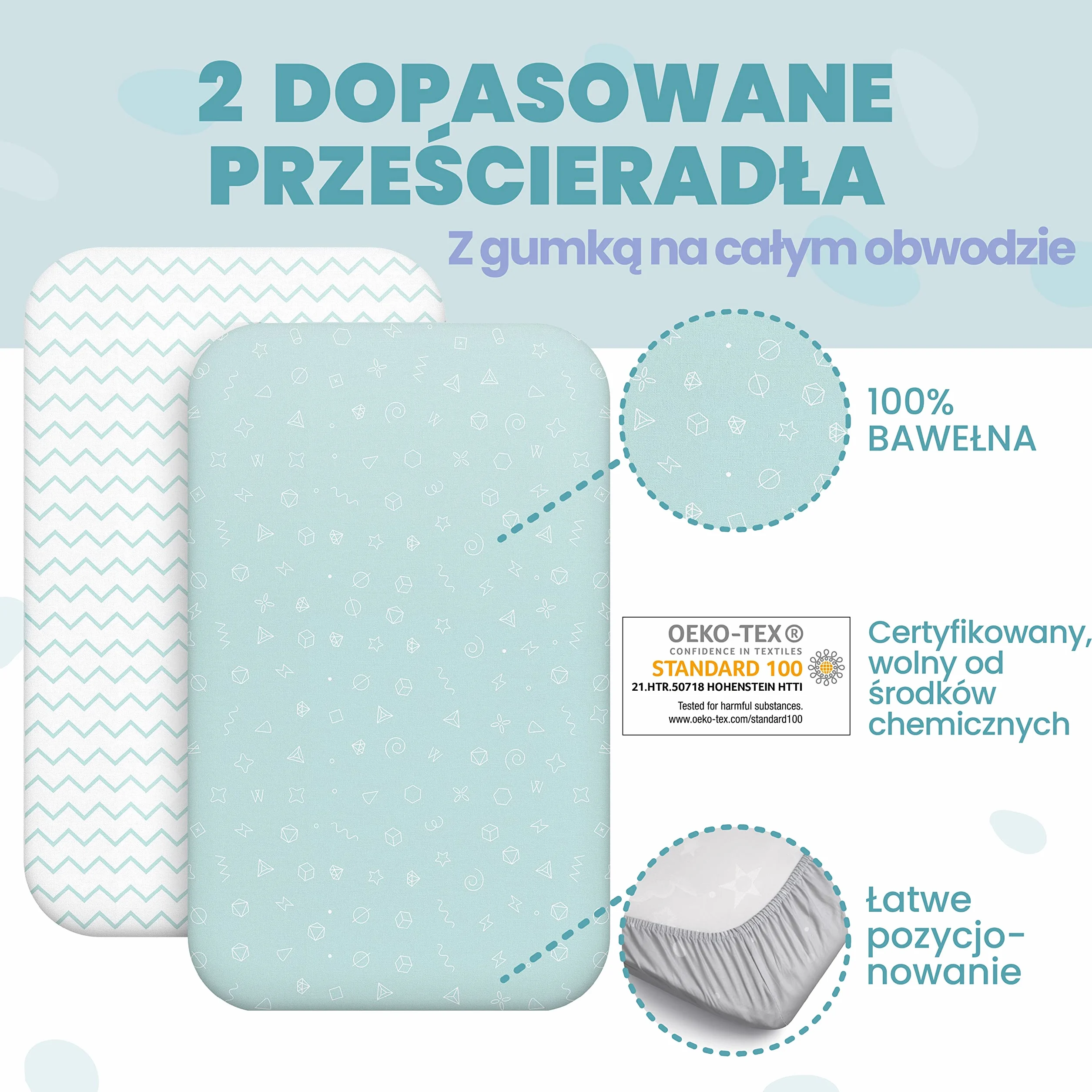 Zestaw 2 x 100% Bawełniane Prześcieradła z Gumką - 1 x 100% Wodoodporny Pokrowiec na Materac - Zestaw 3-55x90cm - Niebieski