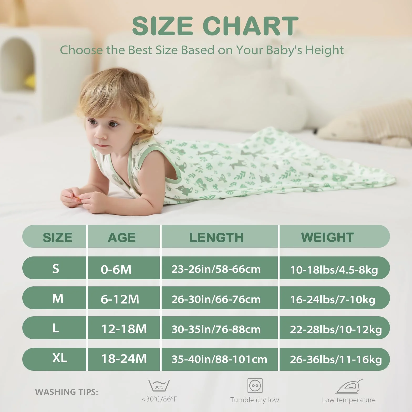 Mosebears Śpiwór dziecięcy letni śpiwór 0,5 Tog, 100% bawełna, oddychający śpiwór niemowlęcy (2 sztuki, zielony, S)