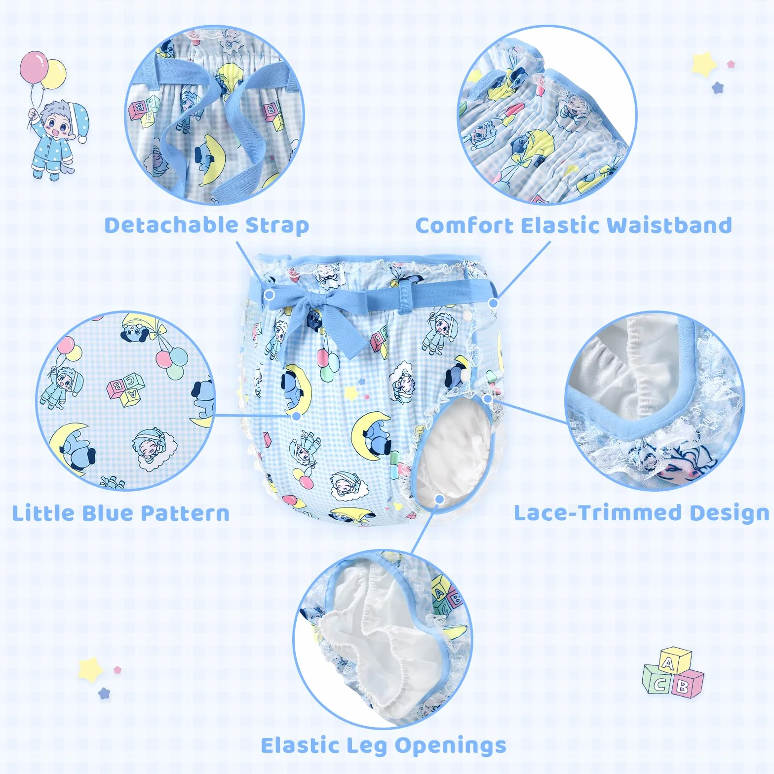 LittleForBig Jedwabisty pasek dla dorosłych Omutsu pieluchy, poszewka, nadaje się do prania, regulowany, wielokrotnego użytku, wodoszczelny, niebieski (Little Blue)
