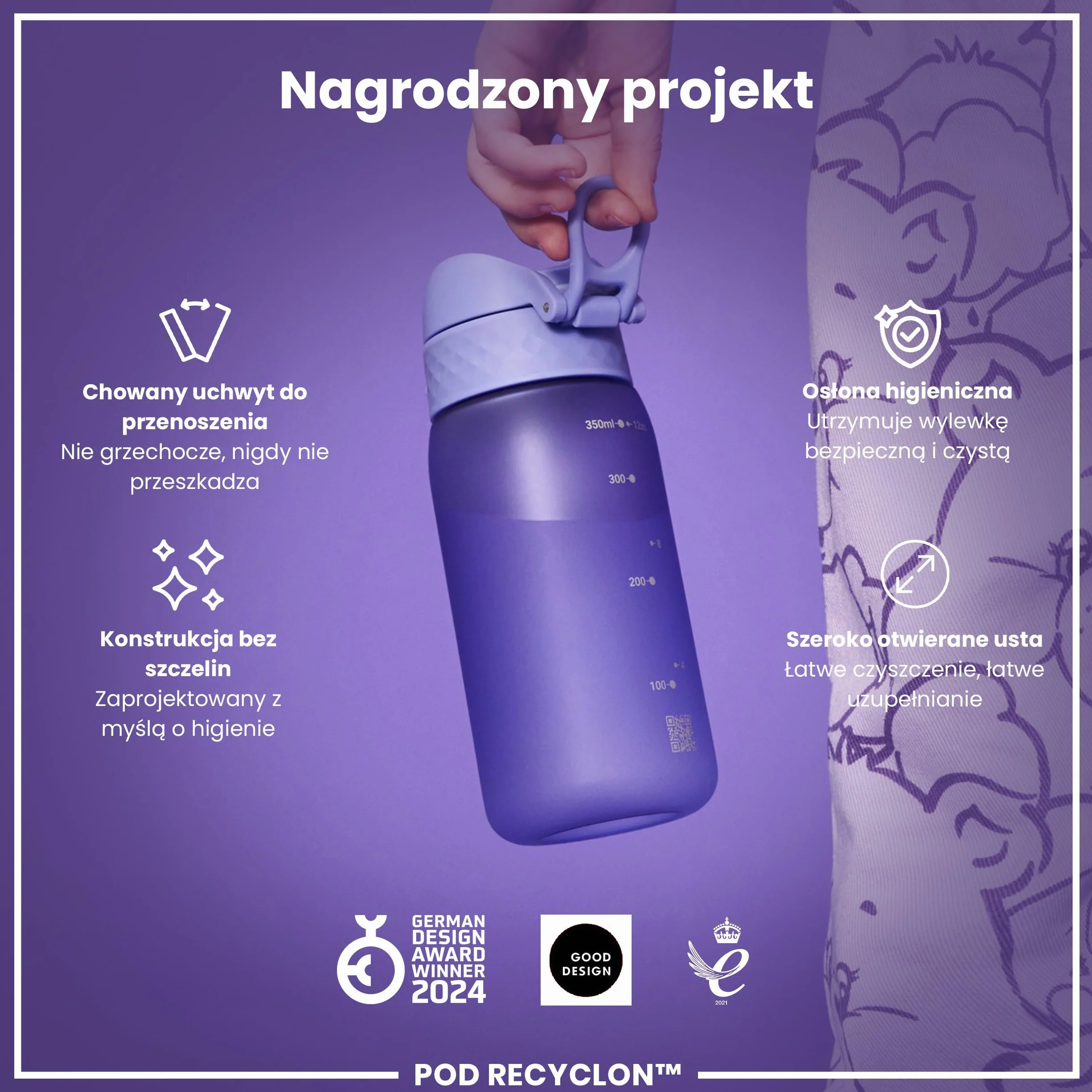 ION8 Butelka dla Dzieci, 350 ml/12 oz, Szczelna, Łatwa do Otwarcia, Bezpieczny Zamek, Można Myć w Zmywarce, Bez BPA, Uchwyt do Przenoszenia, Łatwa do Czyszczenia, Bezwonny, Jasnofioletowy