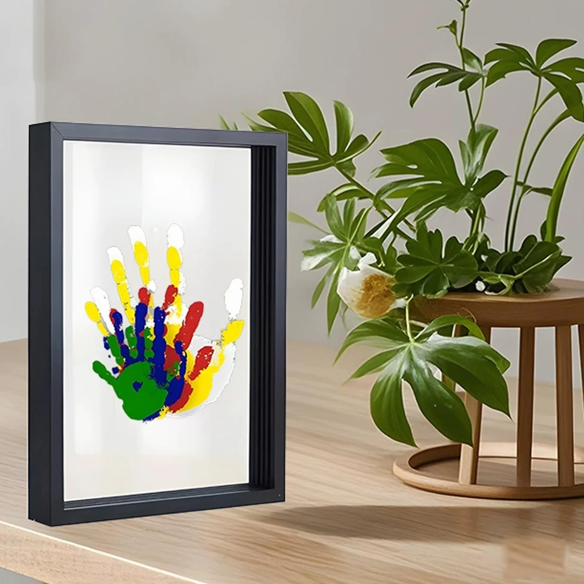 QSLKI Family Handprint Kit Clear Diy Craft Pamiątki Drewniane Ramy, Czarny, Rodzinny Zestaw Pamiątek Dłoni i Stóp, Cztery Przegrody Sześć Farb, Dziecięcy Odcisk Ręki i Stóp Zestaw, Rodzinny Pamiątek D